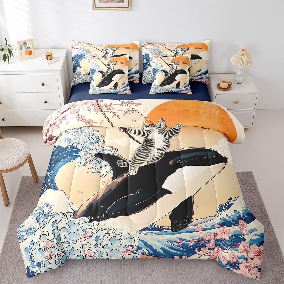 Funny Cat Bed in a Bag 7-Piece for Kids Japanese Ocean Wave Bedding Set for Bedroom Decor, Cartoon Whale King Size Comforter Set Pink Cherry Blossoms Bedding Comforter Sets, Asian Fun Anime Bed Set