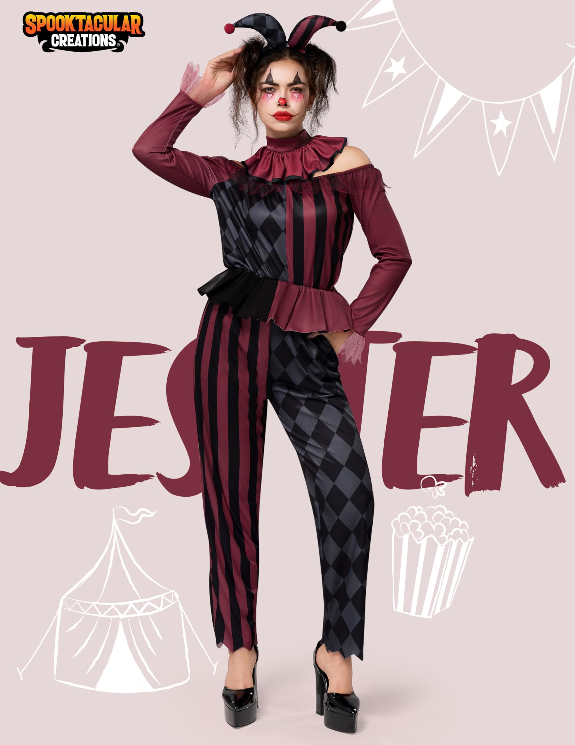 Spooktacular Creations Kostium klauna na Halloween, dla dorosłych, kostium dla kobiet, straszny błazen, strój na Halloween, imprezę cosplay, imprezę tematyczną klauna
