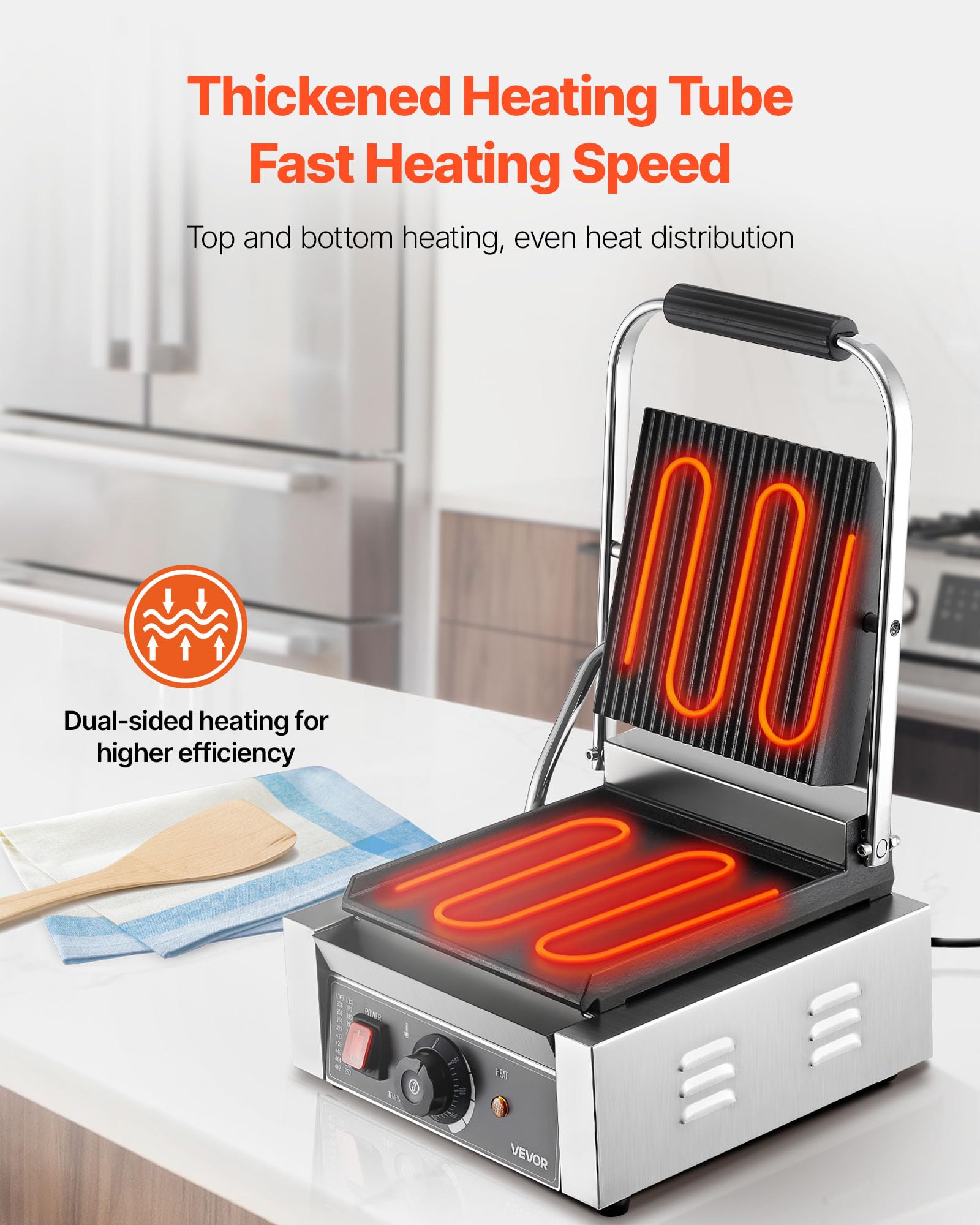 VEVOR Griglia Elettrica per Panini 1800W, Piastra per Panini Sandwich con Piastra Smaltata Piatta 22x23cm, Acciaio Inox, Maniglia, Controllo della Temperatura, per Hamburger, Bistecche