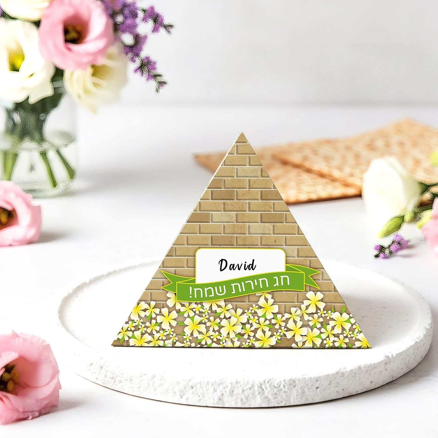 Tenceur 36 Pack Passover Pyramid Place Cards 3D Seder Table Name Cards with Brick and Floral Freestanding Holiday Seating Place Card for DIY Passover Dinner Shavuot Jewish Festival Table Decorations