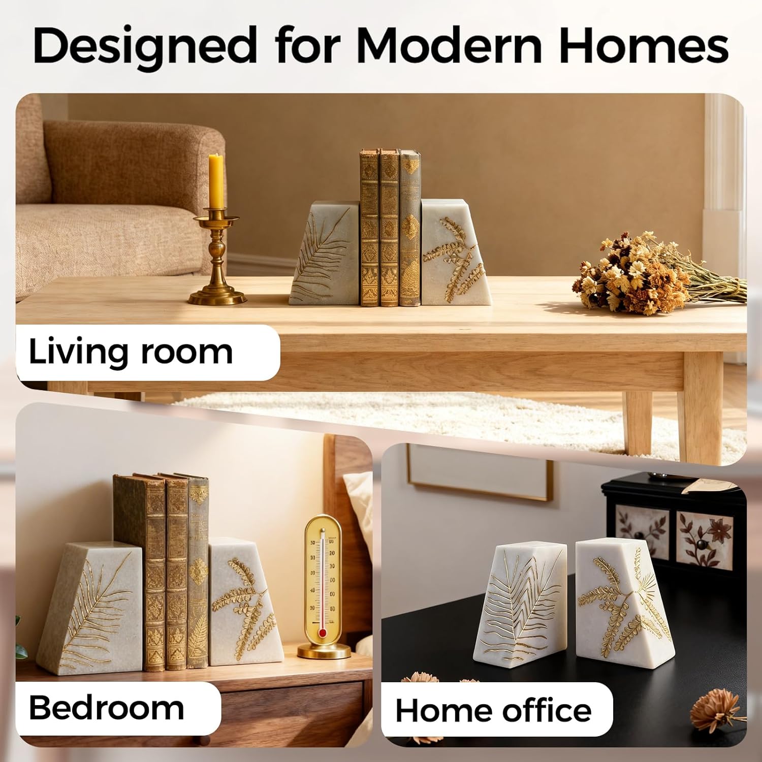 Heavy Duty Book Ends for Shelves, Decorative Book Ends for Heavy Books, Resin Modern Bookends with Marble Texture & Gold Botanical Detail, Minimalist Bookends for Home Decor, Set of 2