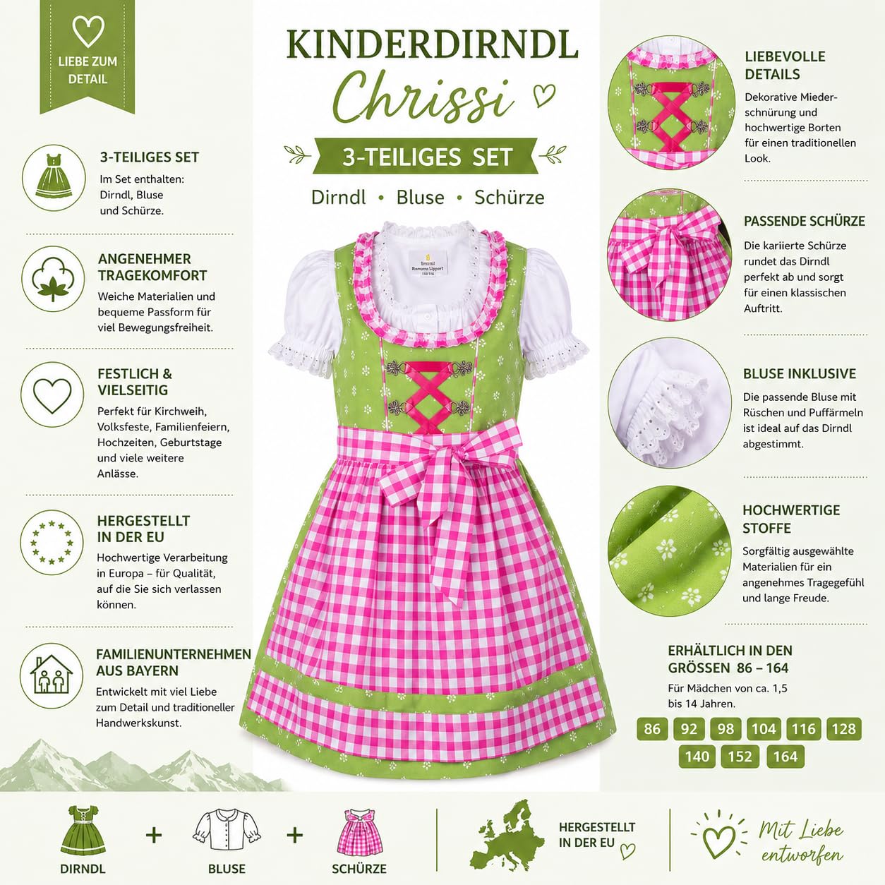 Ramona Lippert Kinderdirndl Chrissi, 3-teilig mit Bluse, grün