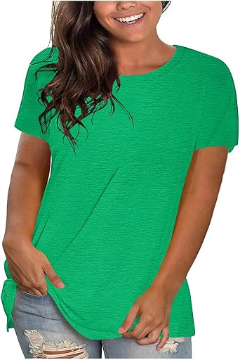 Womens Plus Size T Shirts Crew Neck Short Sleeve Shirts Loose Fit Casual Basic Tees Summer Solid Color Tops