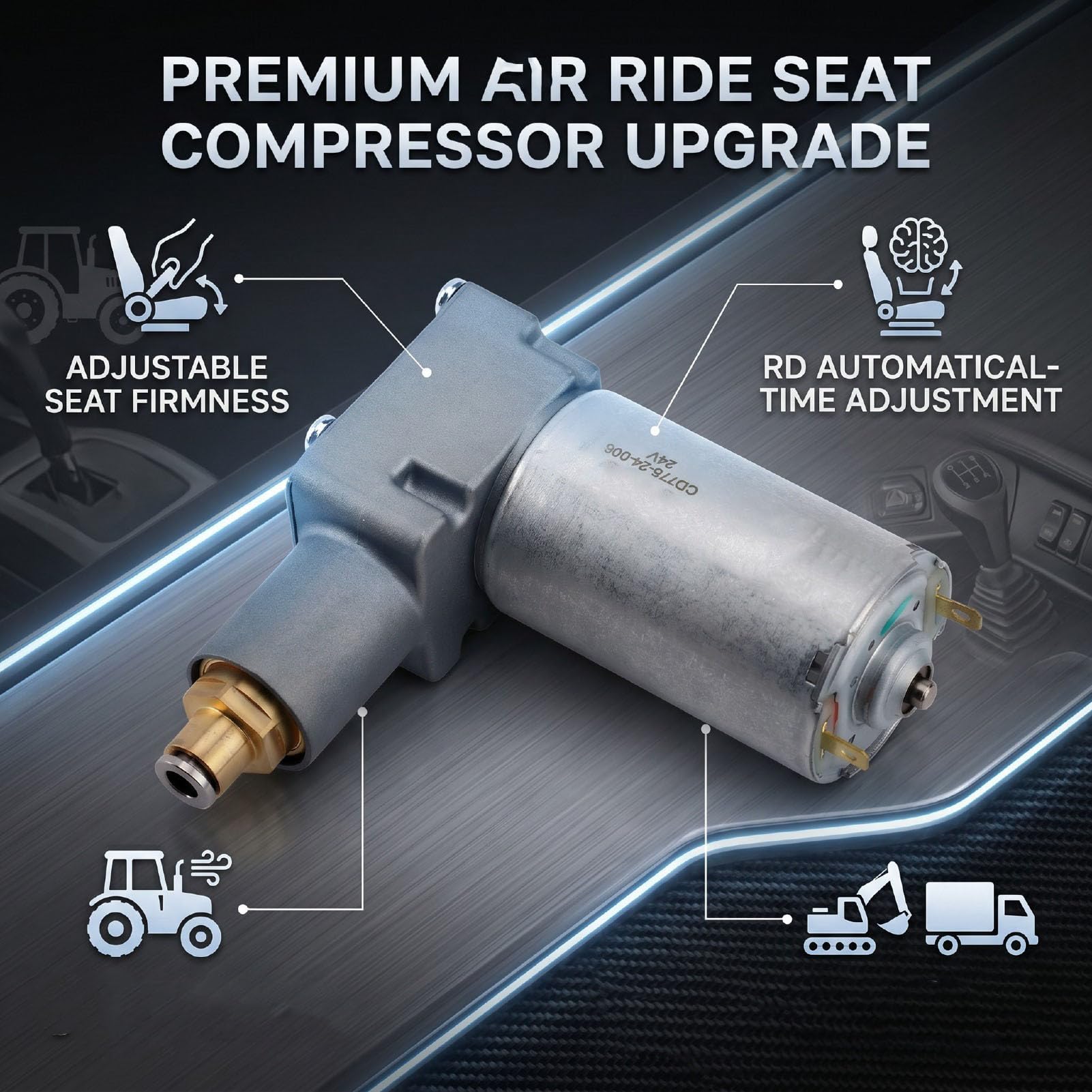 Compresseur D'air de Siège Pompe à Air de Siège Pompe de de Conducteur Support D'amortissement Réglable avec Borne de Prise Supérieure de Tube D'air de 6 Mm pour Ca (24V)