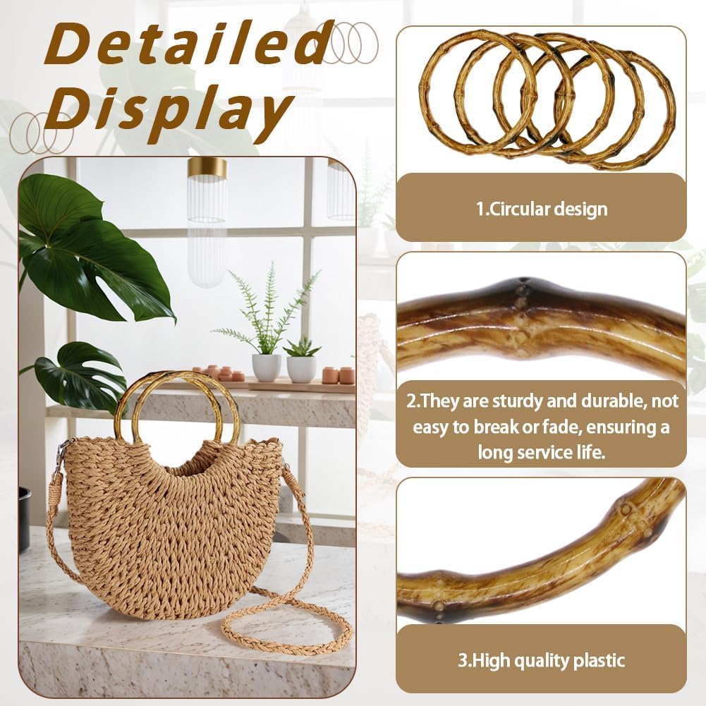 10 PCS Imitation Wooden Round Handbag Handles Replacement ‌Plastic Rattan Purse Handmade Bag Handles for DIY Beach Summer Shoulder Bag Crocheted Handbag (Plastic)