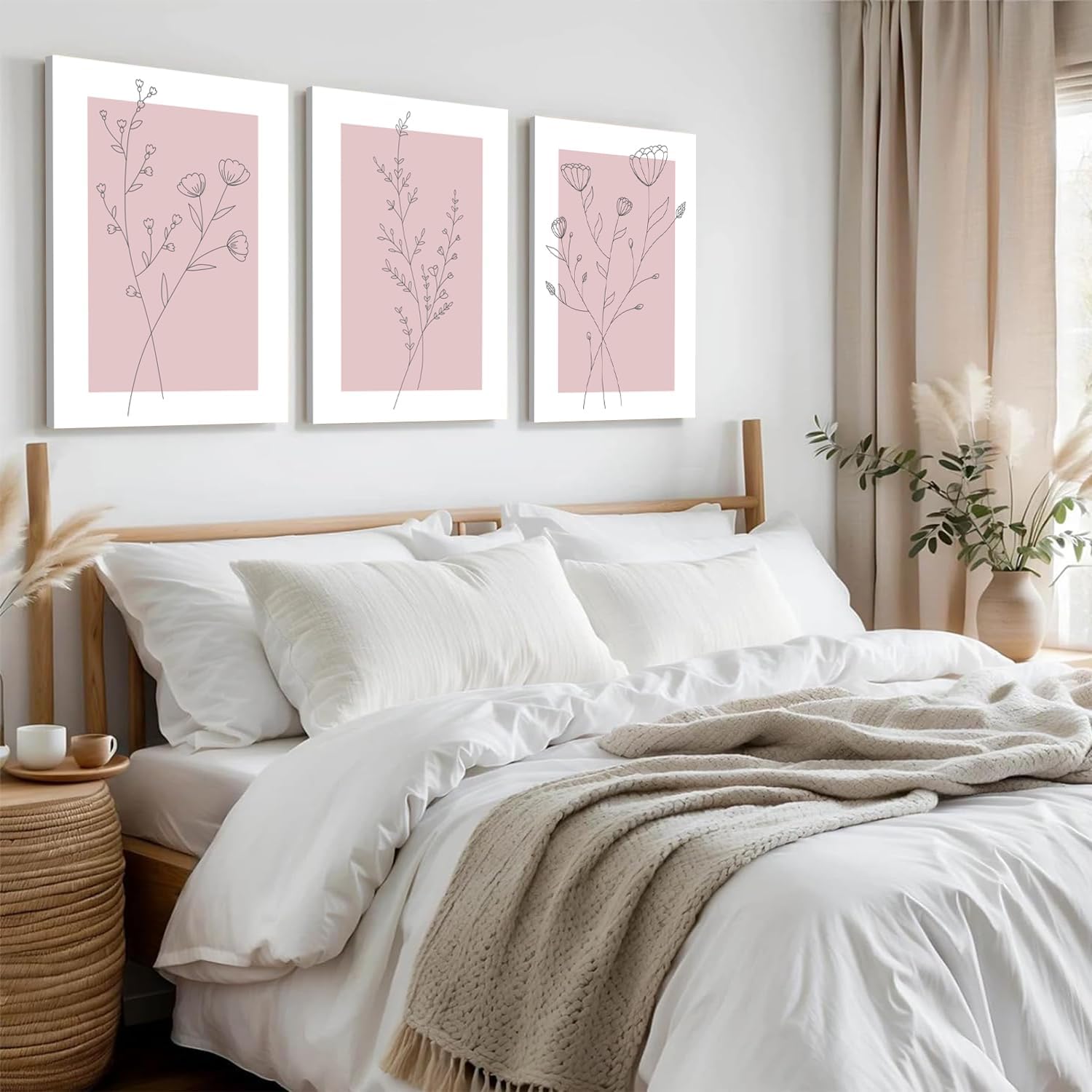 WARTHZ Pink Flower Wall Art Light Pink and White Botanical Line Pictures Wall Decor Painting Set of 3 Floral Plant Poster Canvas Print for Girl Bedroom Living Room Framed 12x16 inch