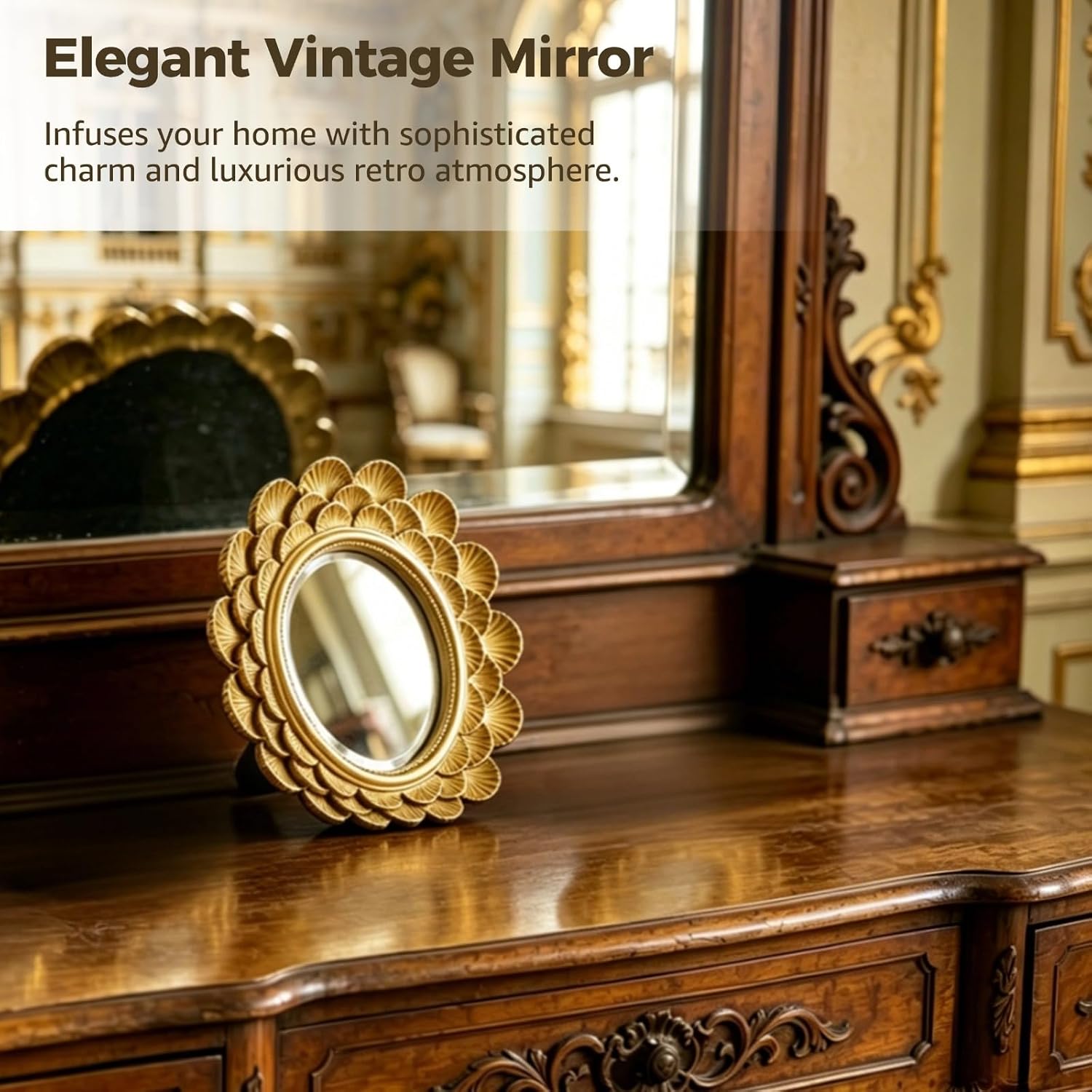 Vintage Framed Makeup Mirror, Gold Retro Vanity Mirror with Fan-Shaped Carved Resin Frame, Desktop & Wall-Mounted Design for Bedroom, Dresser, Bathroom image 3