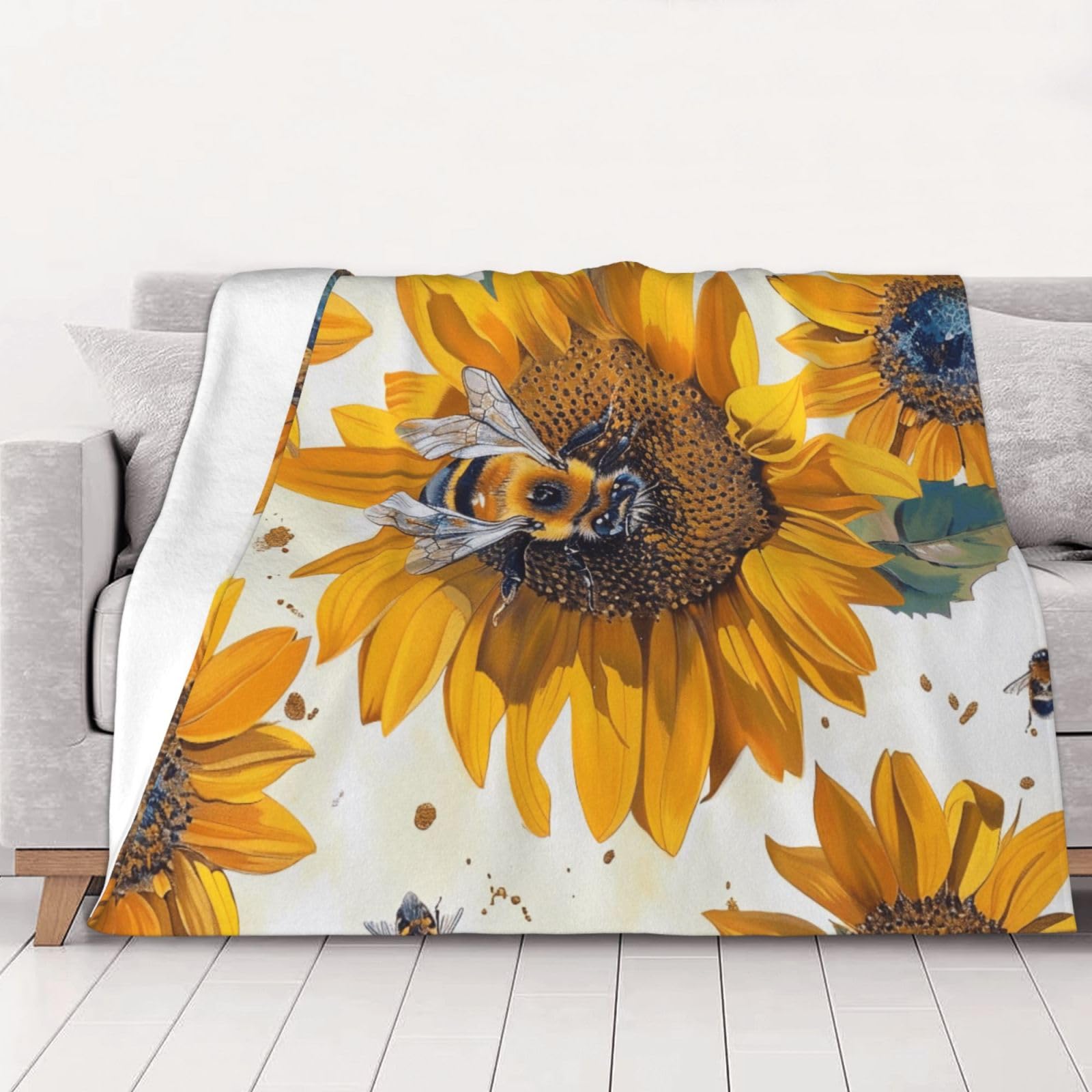 AUBKFELD Bee on sunflower Printed Flannel Blanket 200x150 CM, Soft & Warm Throw Blanket for Sofa/Couch/Bed/Car, Gifts for Audlts Women Men