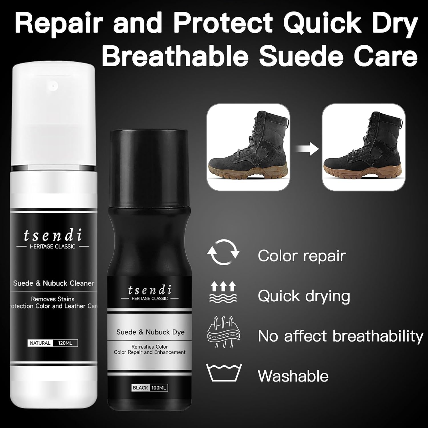 Nubuck & Suede Dye Black – 2-in-1 Cleaner & Color Restorer with 3 Brushes & Applicator – Renew Faded Shoes, Boots, Jackets, Purses, Car Seats, Furniture – Complete Suede Care Kit 3.4oz
