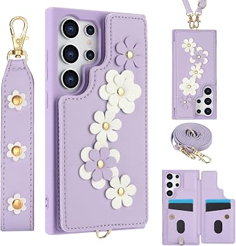 LEMAXELERS Crossbody Case for Samsung S24 Ultra, with Credit Card Holder Removable Adjustable Shoulder Strap Lanyard with Wristband Kickstand Cover for Samsung Galaxy S24 Ultra, Purple SY