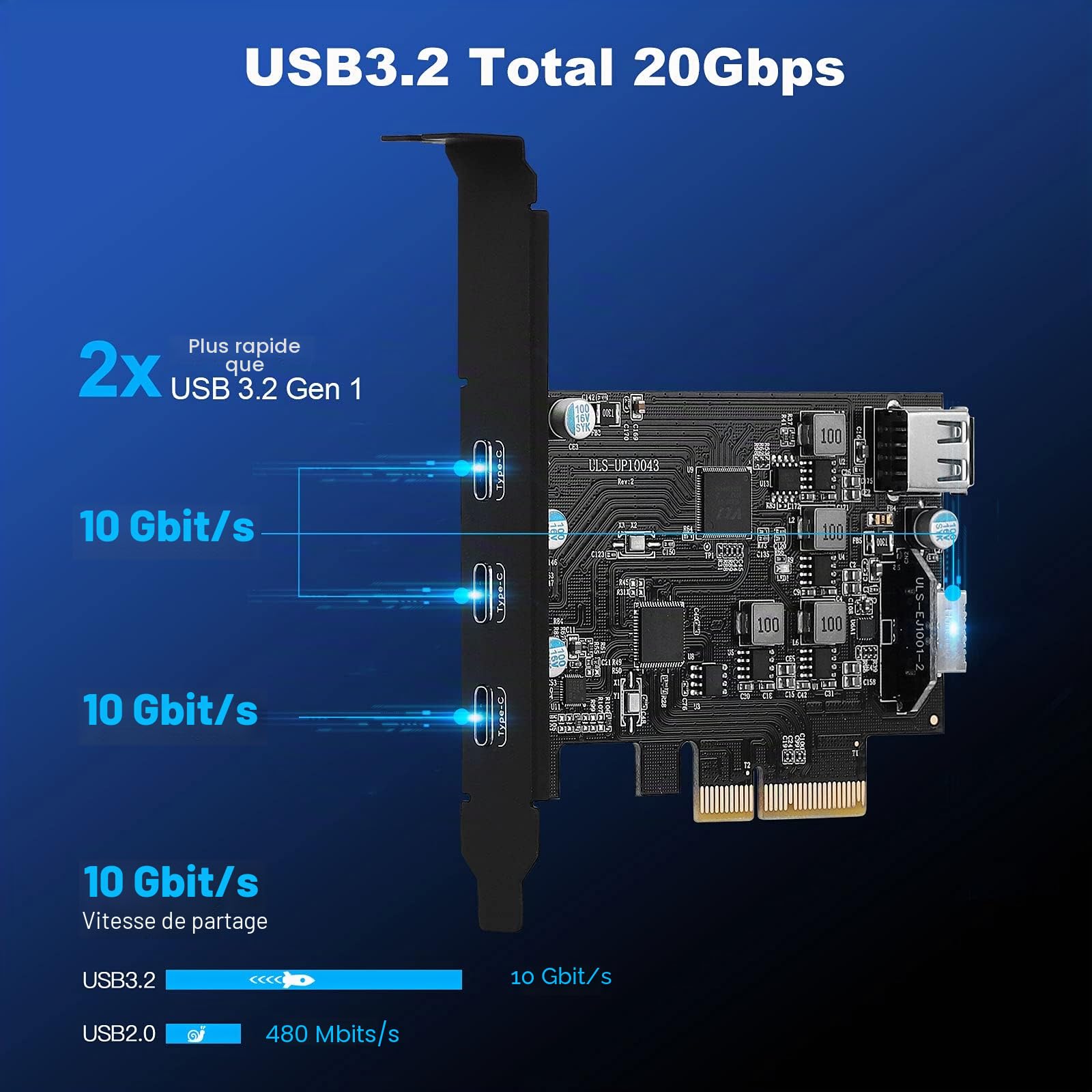 Carte d'extension USB C PCIe, USB 3.2 gen2 10Gpbs avec 3 Ports Type C et 2 Ports internes (1x Ty'pe A, 1x Type E) für Desktop PC Windows