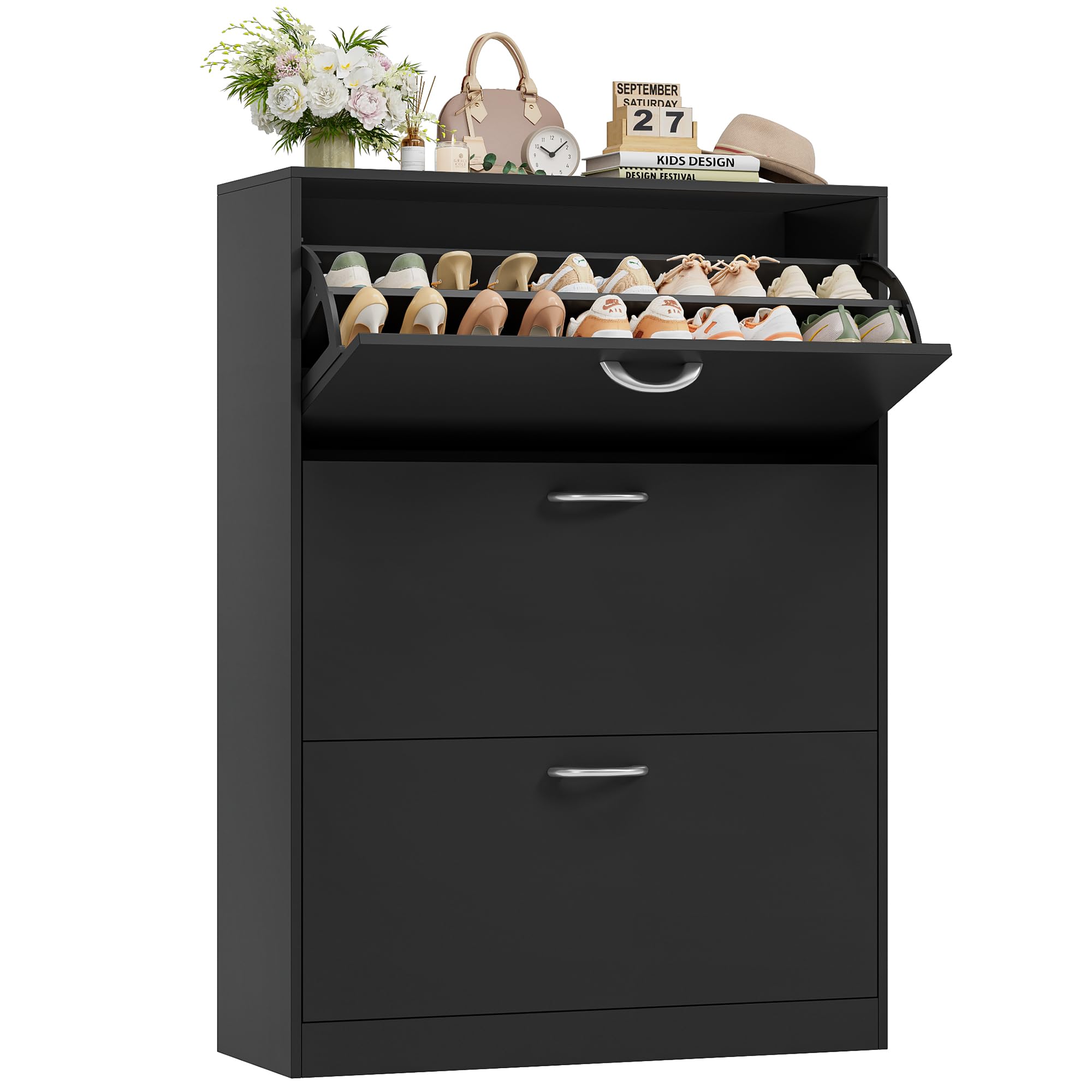 FirFurd Schuhschrank mit 3 Klappen, Schuhkipper für 12-24 Parre | Schuhschrank hoch, Schuhkipper mit verstellbaren Trennwänden, Schuhregal, Schuhkommode für Diele, Flur, Eingang 108x80x23,5cm