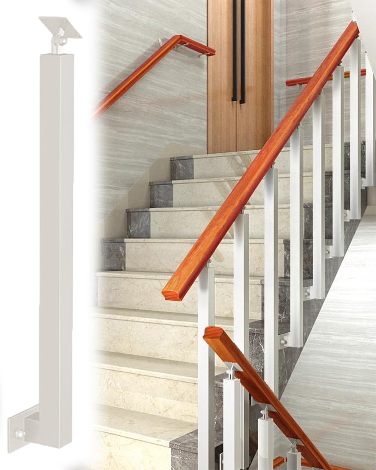 Garde corps escalier métal blanc kit de 5 poteaux carrés pour montage latéral