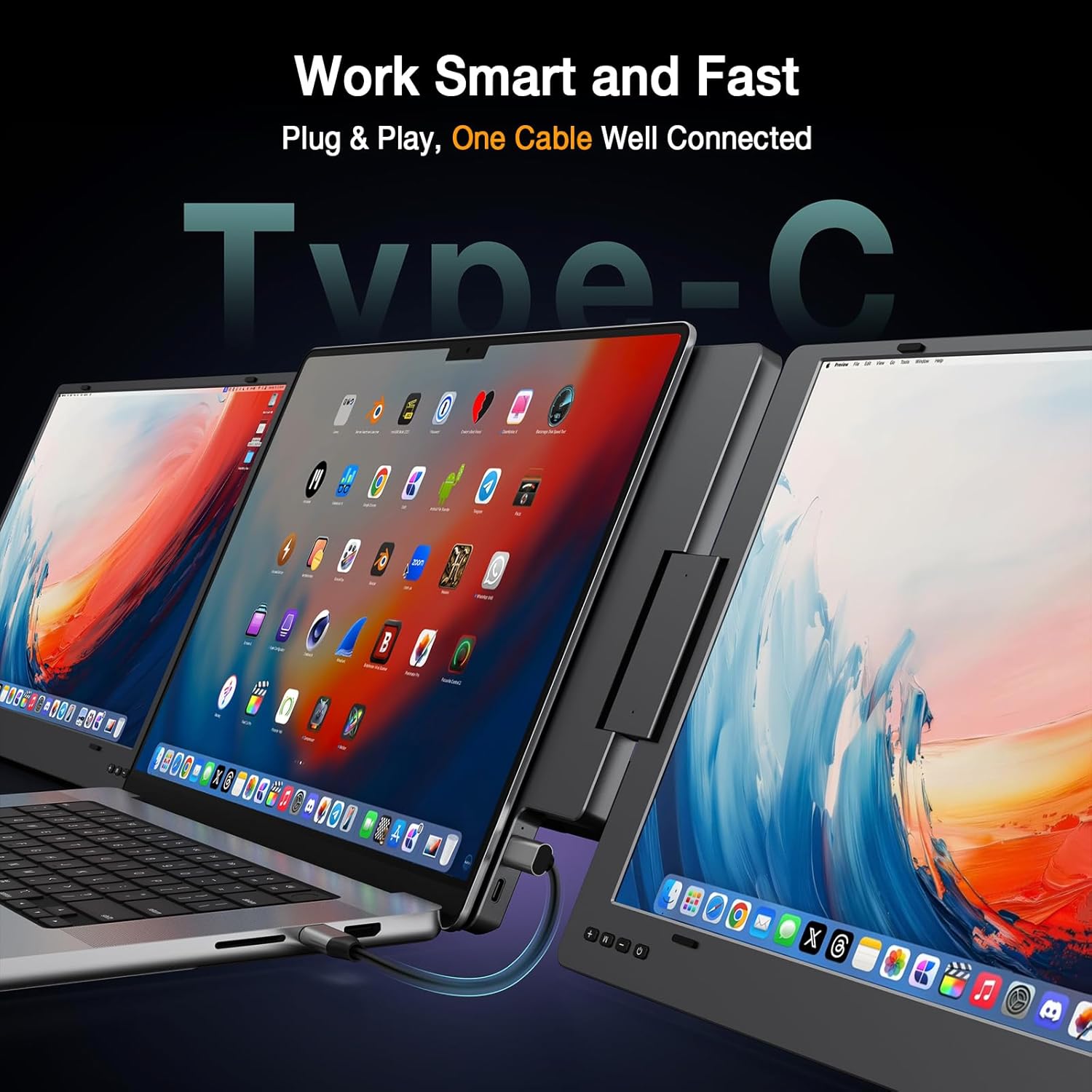 KYY PortableTriple Laptop Monitor Extender, 15.6" 1080P FHD IPS Triple Laptop Extender, One Cable USB C Portable Dual Screen(Mac, Wins, Android)