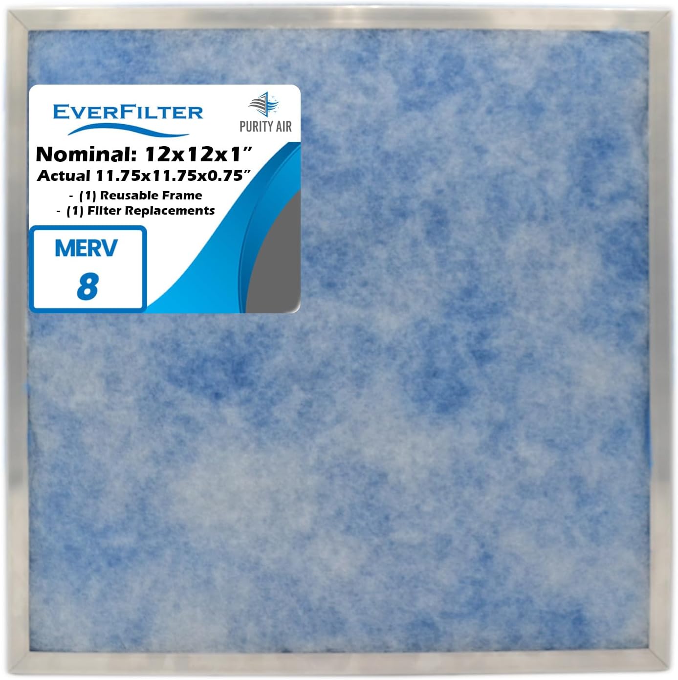 12x12x1 Air Filter (1-Ct) MERV 8 Filter Media, AC Furnace Filter, Aluminum Reusable Frame (Actual Size: 11.75 x 11.75 x 0.75 Inches)