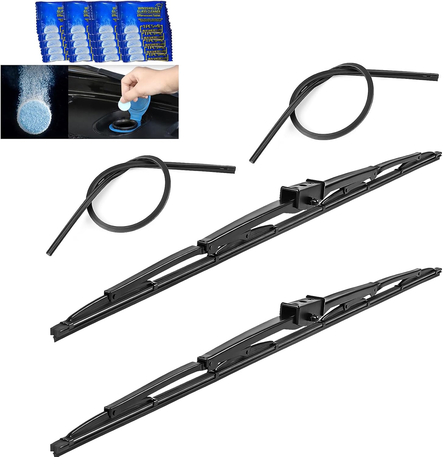 2Pcs 36" Heavy Duty Windshield Saddle Mount Wiper Blade Replacement for Motorhome Recreational Vehicle RV and Bus with 2 Rubber Refills and 20 Pieces Car Concentrated Washer Tablets 27mm 23mm.