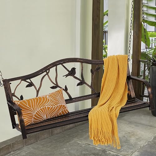 Miniatura 5 de Sophia & William Silla de columpio para porche al aire libre, banco de metal para patio, banco de jardín con respaldo de patrón de pájaros,