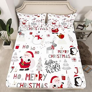 Erosebridal Santa Claus Twin Bed Sheets for Boys Girls Kids Merry Christmas Themed Fitted Sheet Cute Cartoon Penguin Bed Set Happy New Year Gifts Bedding Set Christmas Elk Xmas Bedding