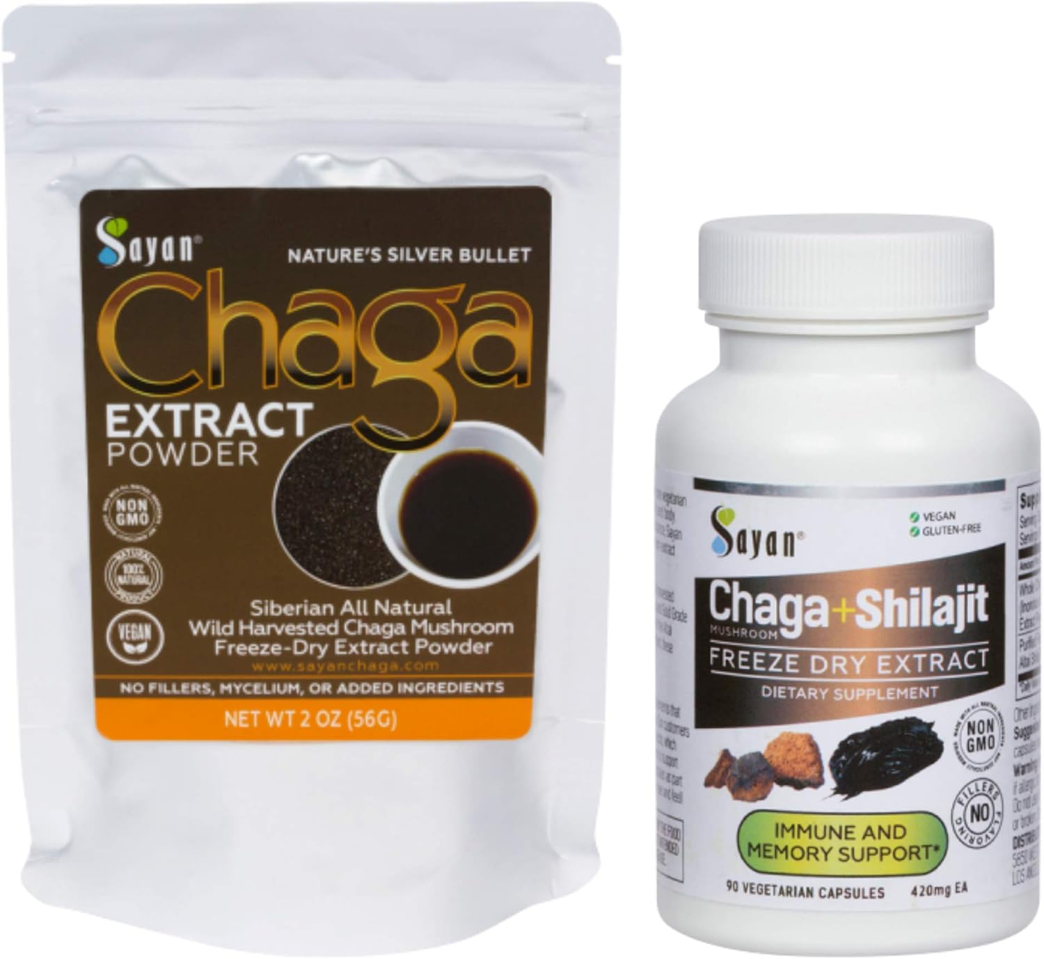 Sayan Siberian Wild Forest Chaga Mushroom Extract Powder 2 Oz and Chaga with Shilajit 90 Vegetarian Capsules - Wild-Harvested Dietary Supplement for Immune System Support + Natural Energy Boost