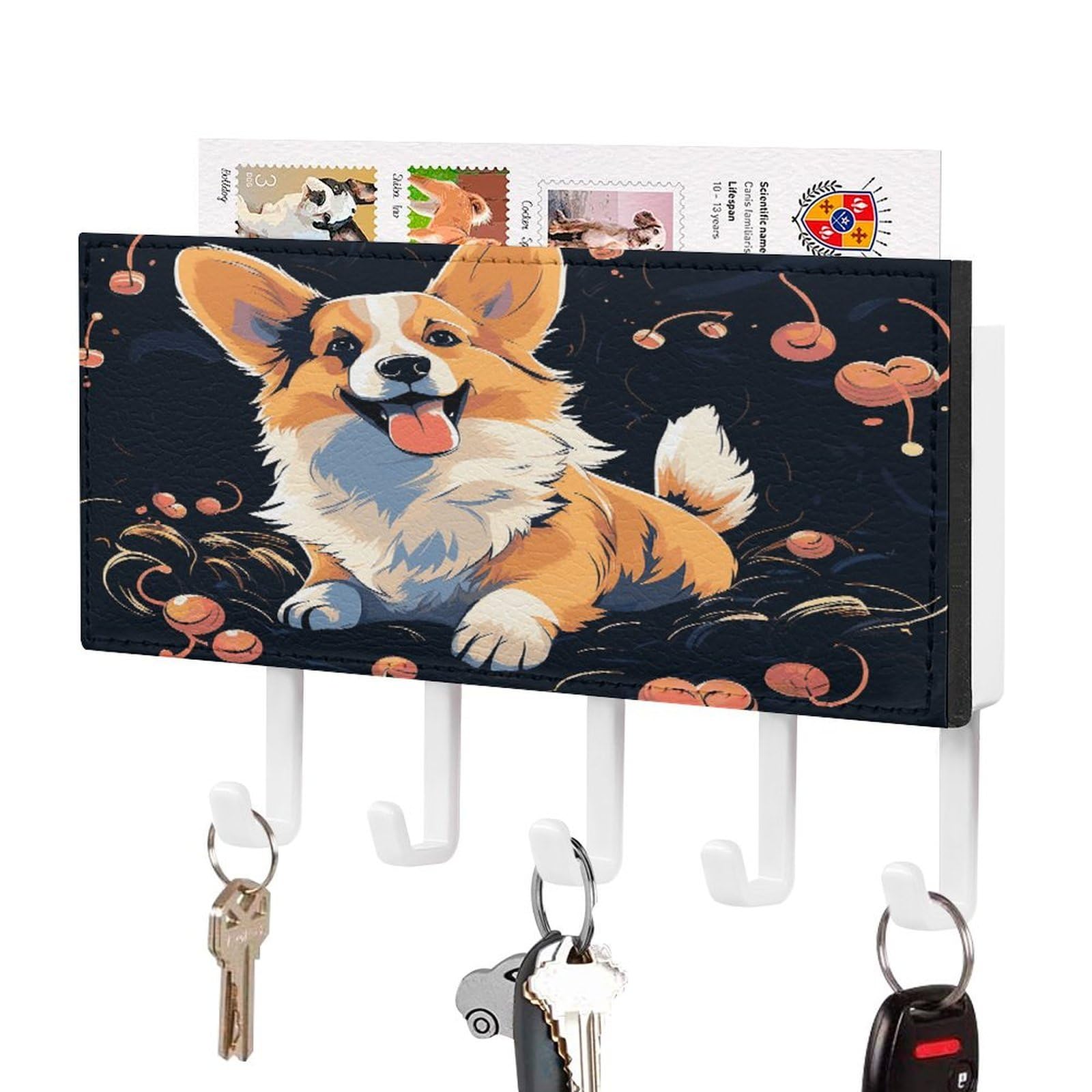 FekiLoot Corgi Dog on Dark Background Key Holder Wall Mount Key Hooks for Wall Decorative with 5 Hooks PU Mail Rack Organizer with Shelf for Entryway Mudroom Hallway Office 7.1X4.3 in