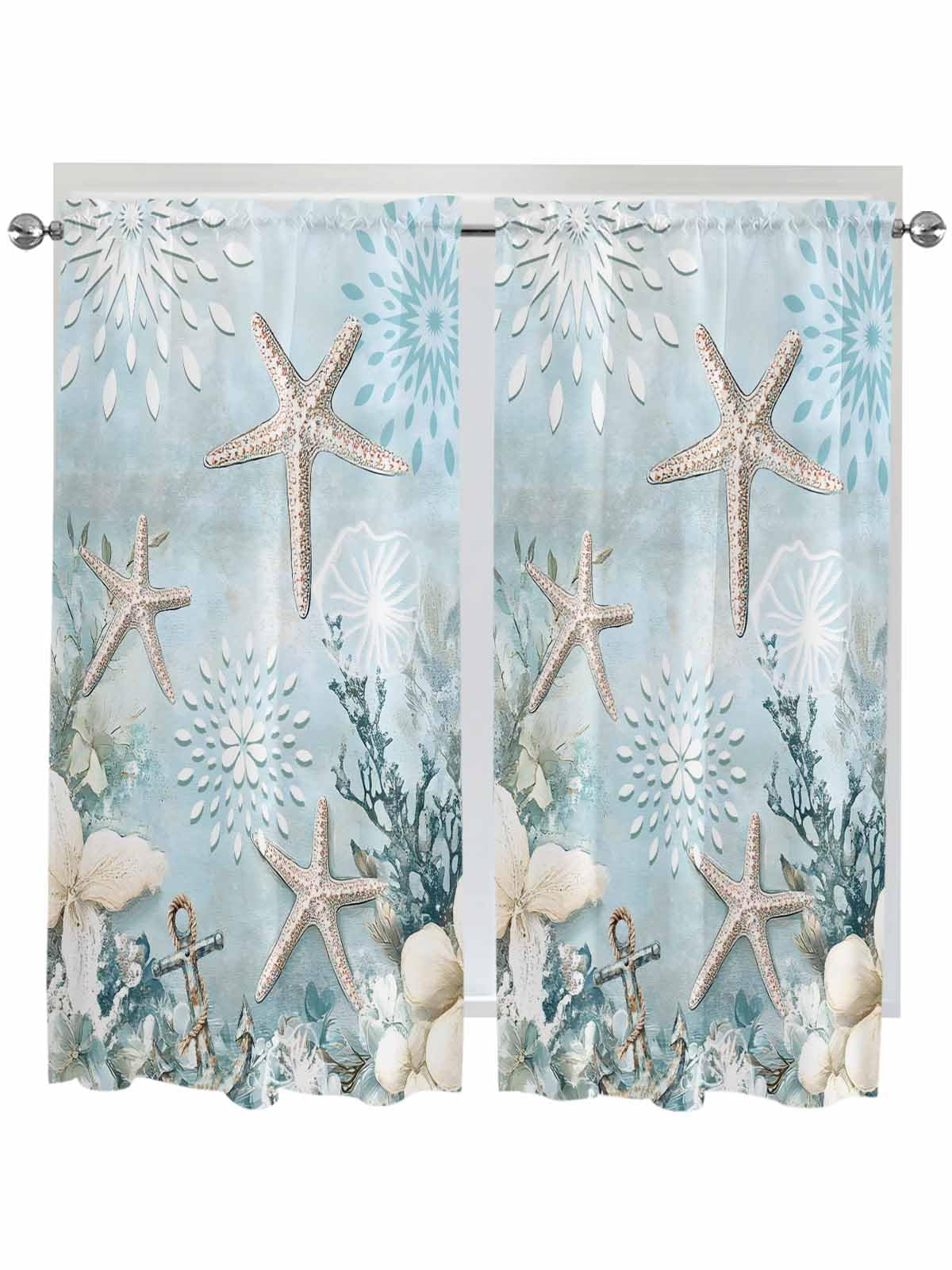 Teal Ocean Coastal Bedroom Curtains 63 Inches length, Summer Beach Window Treatment Curtain Drapes, Nautical Coral Starfish Rod Pocket Curtain Panels