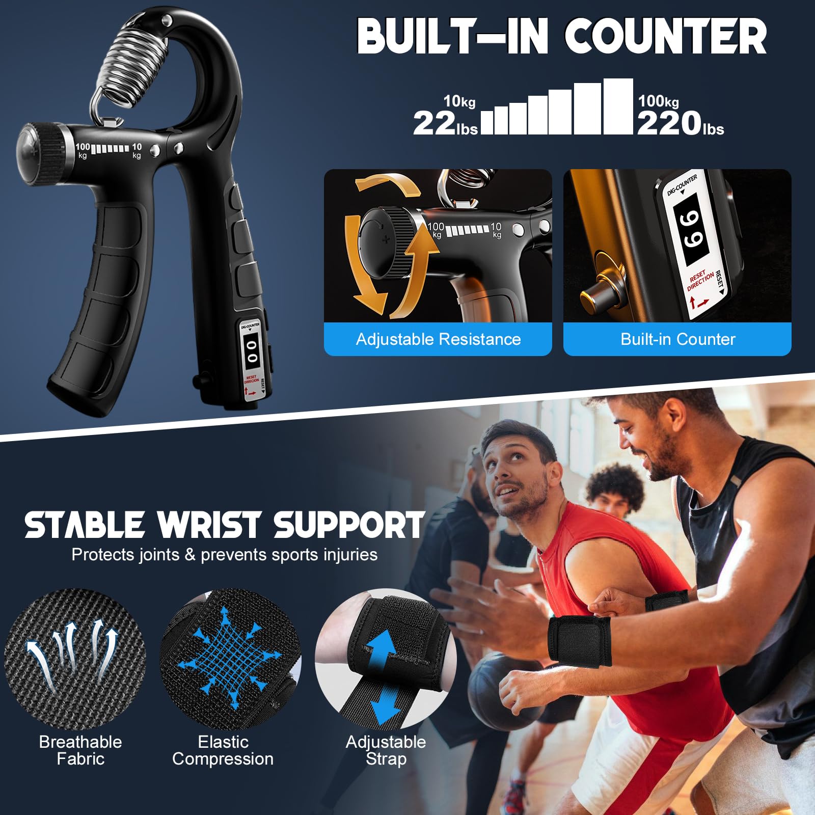 KATLIKU Allenatore per Braccia Regolabile 3-in-1 con Contatore & Fasce da Polso, Resistenza Regolabile 30–50 kg, Attrezzo Fitness per Uomo per Allenamento a Casa & Potenziamento di Petto e Spalle