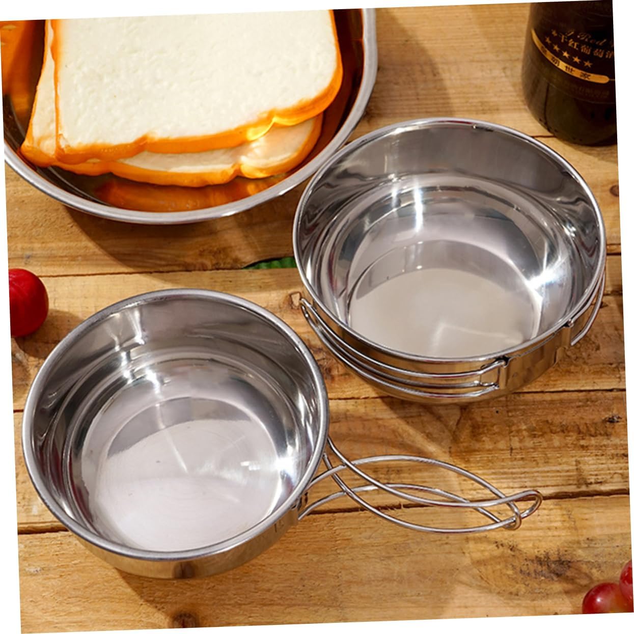 Luxshiny 3Pcs Camping Tableware Bowl with Folding Handles and Storage Bag Stainless Steel Outdoor Cookware for Hiking Picnic Bbq Rust Resistant Bowls for Soup Salad and More