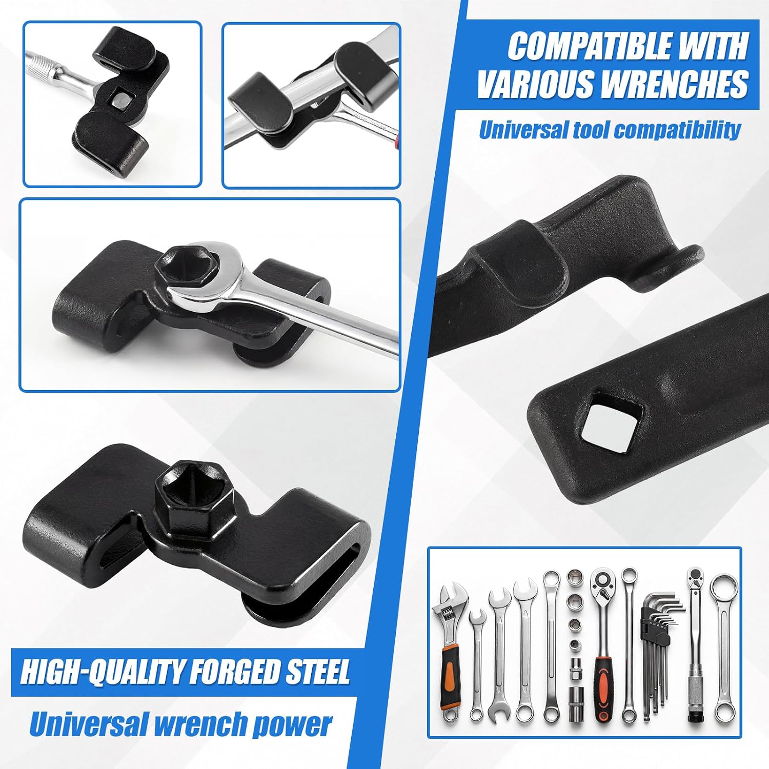 Offset Extension Wrench Set 1/2 Inch Hole Wrench Extender Tool and Chain Drive Kit with 3 Black Extender and 4 Sizes Adapters, Maximum Torque 53 ft for Mechanics and Automotive Repairs
