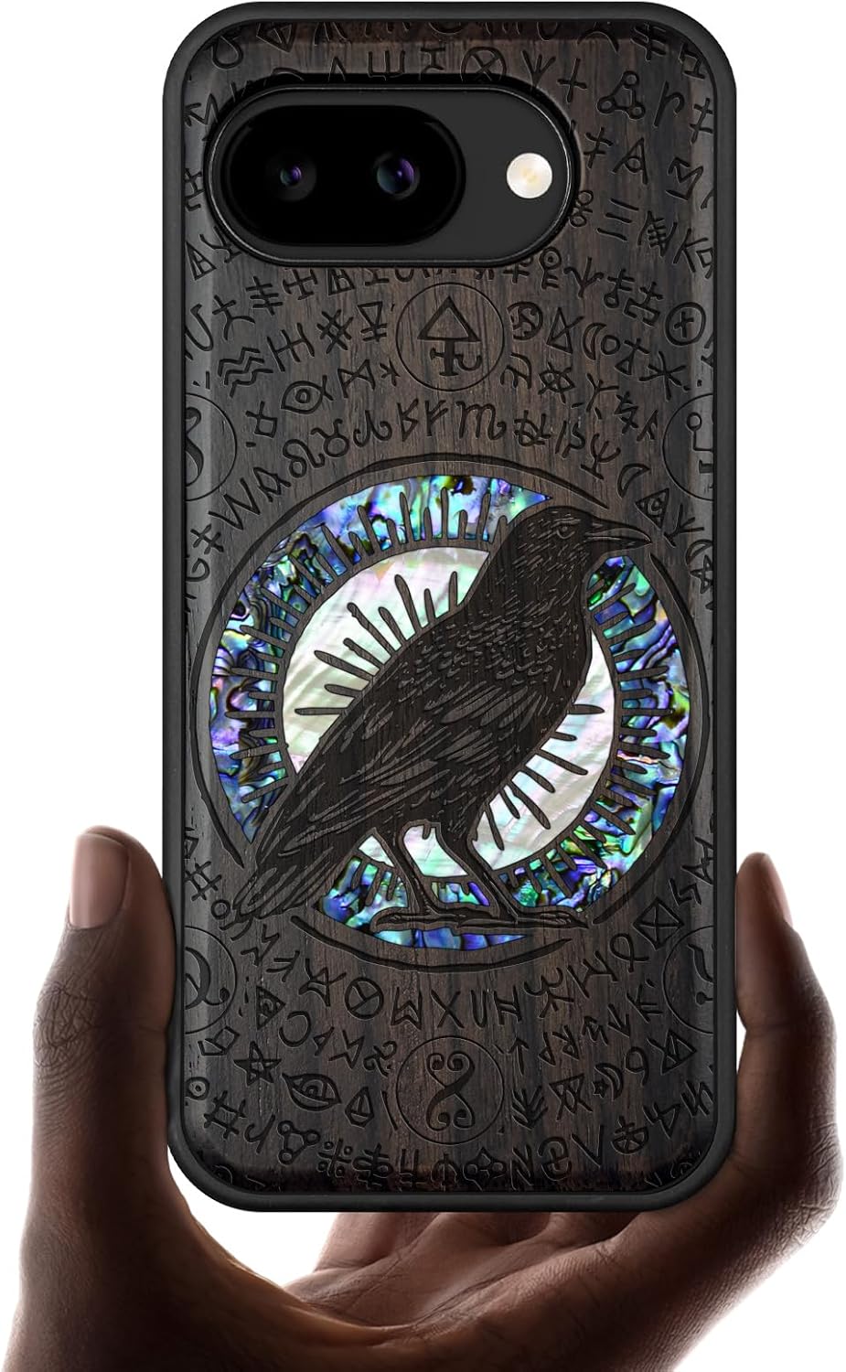 Carveit Magnetic Wooden Case for Google Pixel 10a Case, Wood Artisan Engraved & Handmade Shell Inlaid, Compatible with MagSafe Wireless Chargers (Haloed Crow) Blackwood