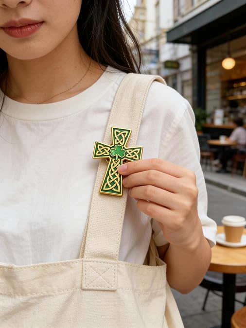 St. Patrick's Day Celtic Cross Brooch - Green Enamel & Gold Plated Irish Shamrock Lapel Pin, Traditional Celtic Knot Accessory for Parade, Party, Irish Heritage Gift