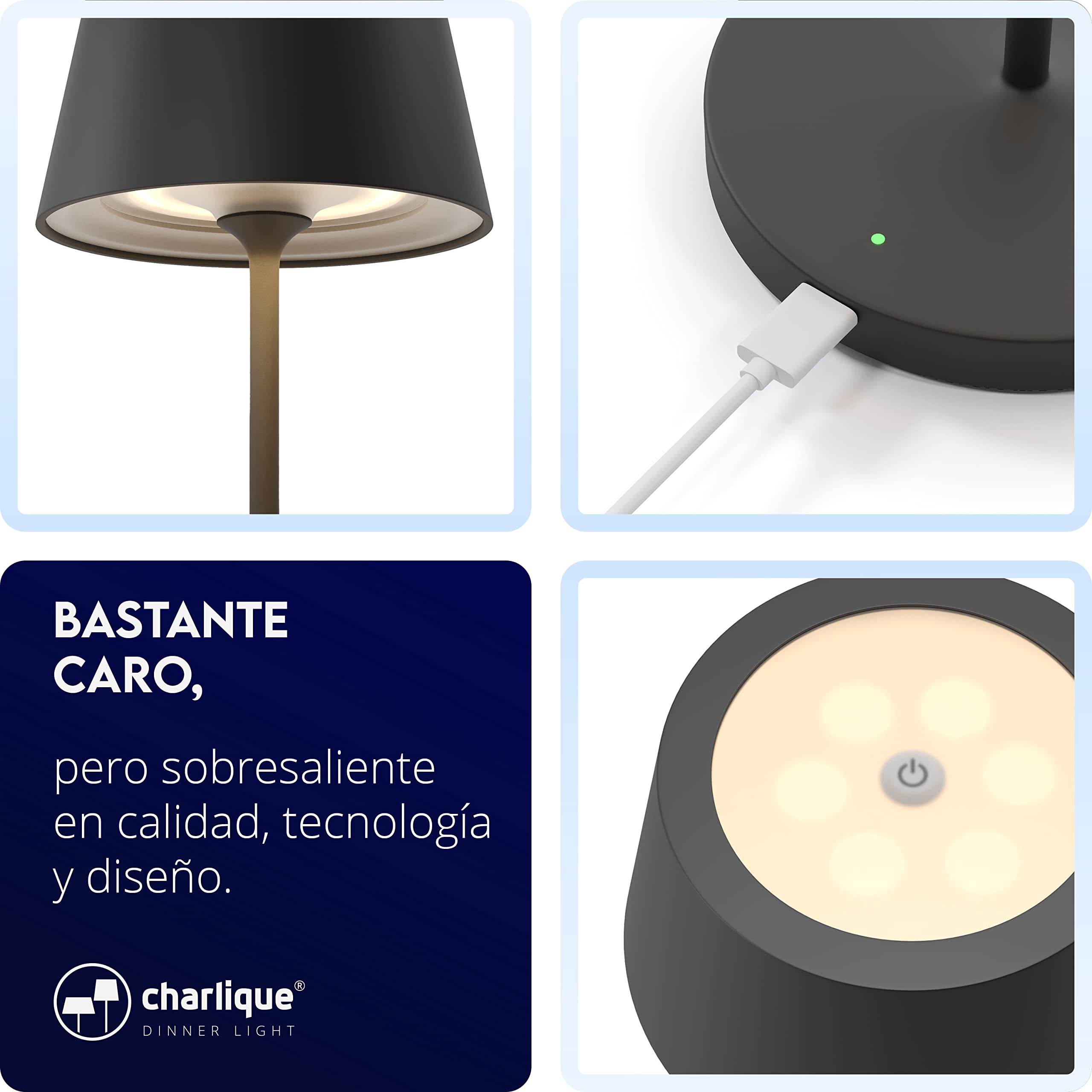 Dinner Light 2 mini - pequeña Lámpara mesa LED recargable en color negro, regulable sin niveles, con batería extrafuerte, carga por USB, efecto de luz blanca cálida