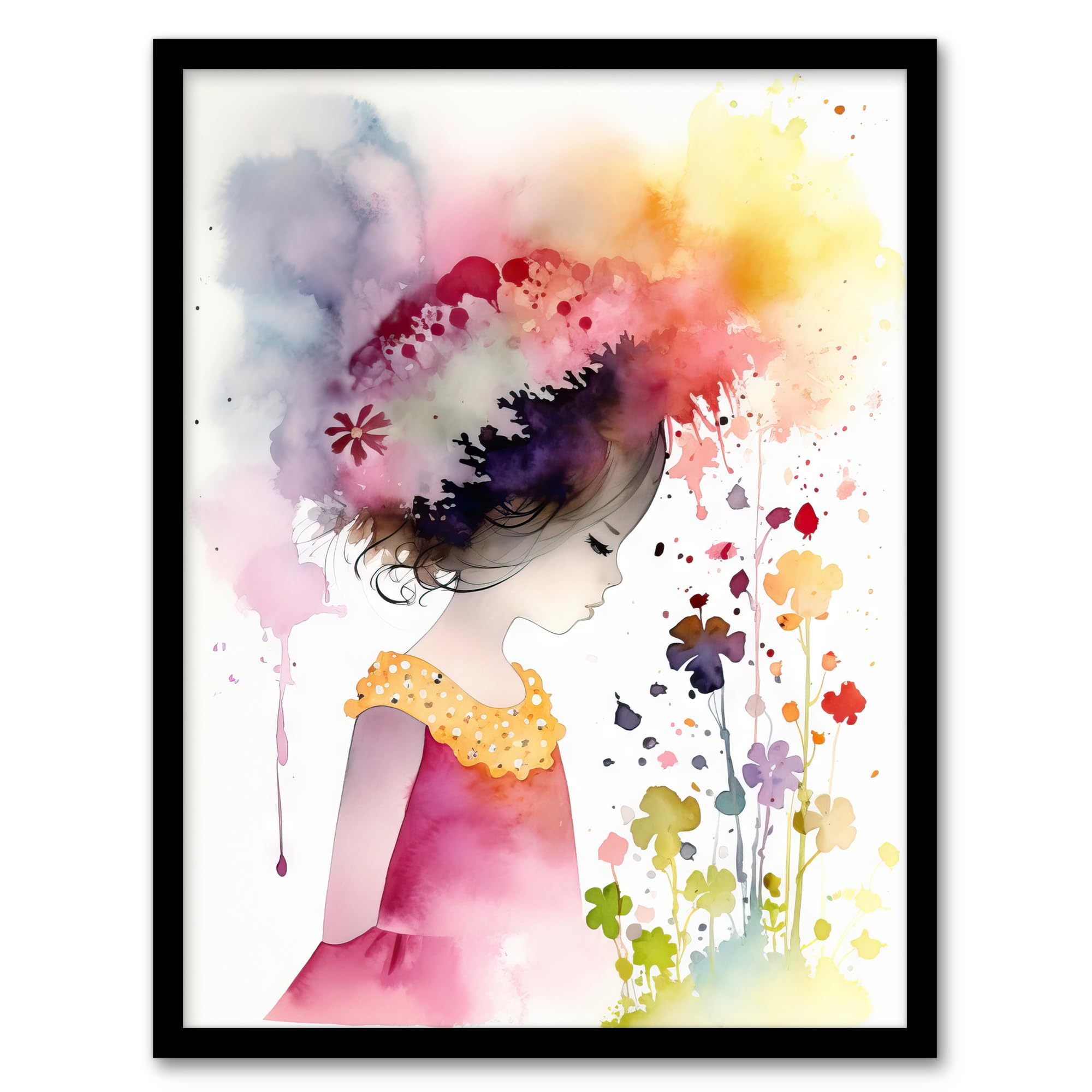 Artery8 The Girl In The Flower Meadow Watercolour Girls Bedroom Artwork Artwork Framed Wall Art Print 18X24 Inch