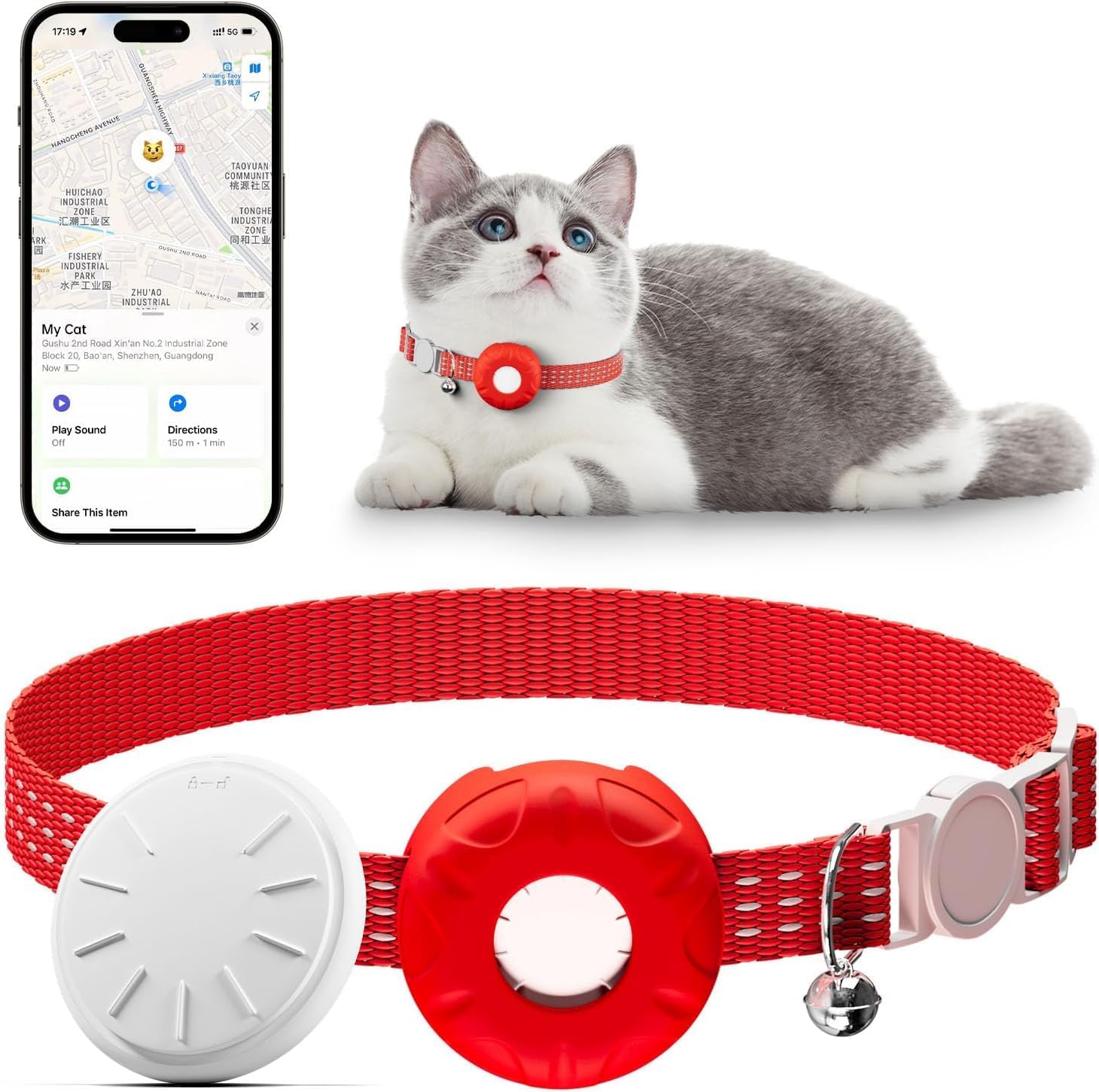 Pet Tracker for Cats,GPS Cat Tracker,Smart Pet Location Tracker with Collar and Holder,Waterproof Cat GPS Tracker Tracking Device,No Monthly Fee,Works with Apple Find My(iOS Only)-Red