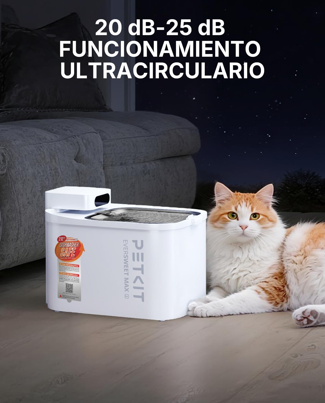 PETKIT EVERSWEET MAX 2 Fuente para Gatos sin Cable, Resistente al Calor, con Sensor de Movimiento, 5000mAh Batería Recargable, Control de App, 3L Bebedero Gatos Automático, Acero Inoxidable