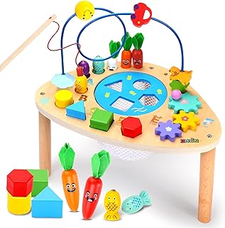 ZHUSI Activity Table for 3+ Year Old, 6 in 1 Wooden Montessori Toys with Fishing Game Bead Maze Shape Sorter Toy, Baby Sensory Toys Toddler Toys 3st Birthday Gifts for Girls Boys