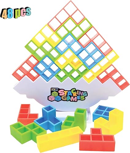 KIEZ 48 Pcs Tetra Tower Stacking Games, Balance Building Blocks, Fun Balance Stacking Toy for Kids, Board Games for Family Night & Team Parties
