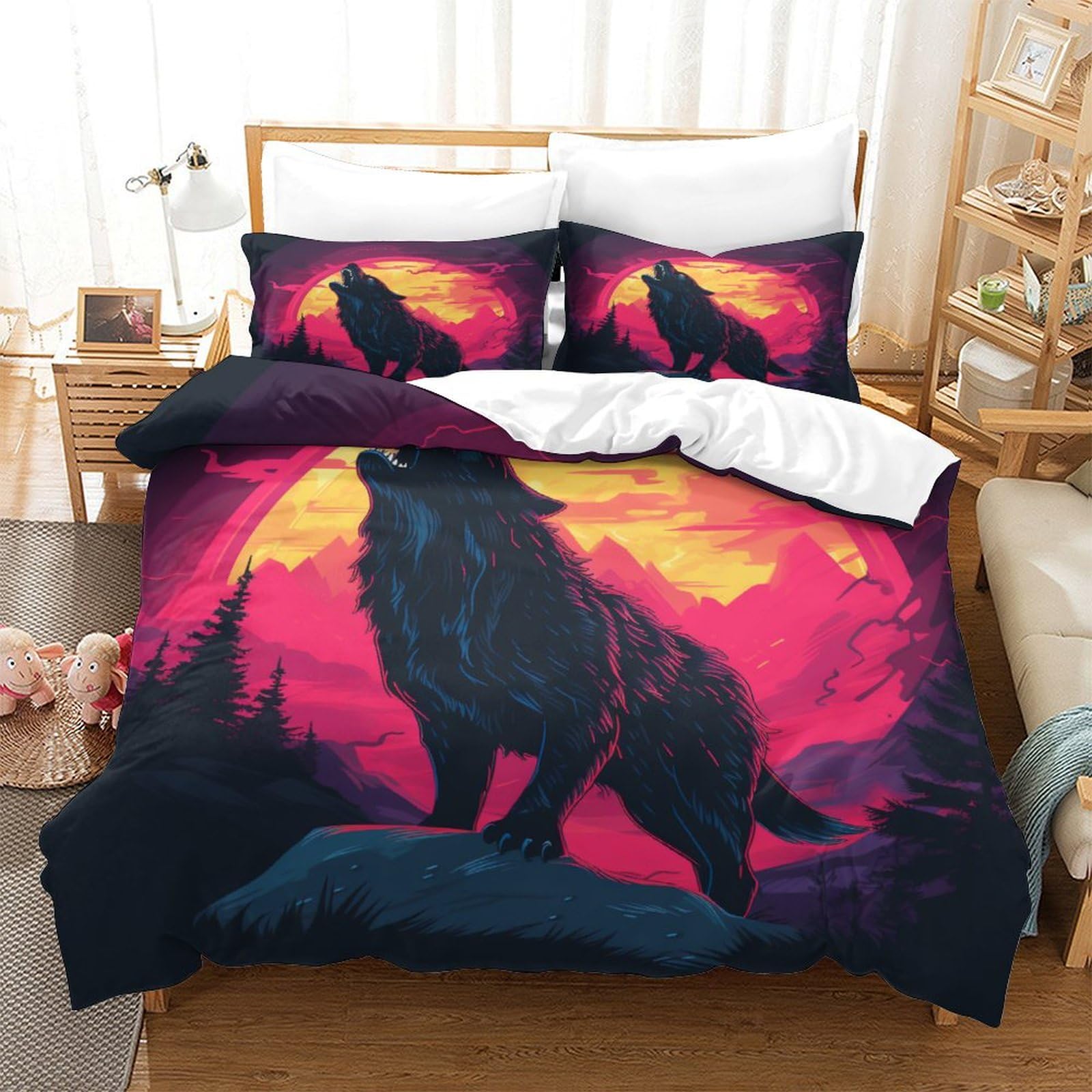 Housse de couette loup lunaire 260x220 cm en microfibre avec 2 taies d'oreiller