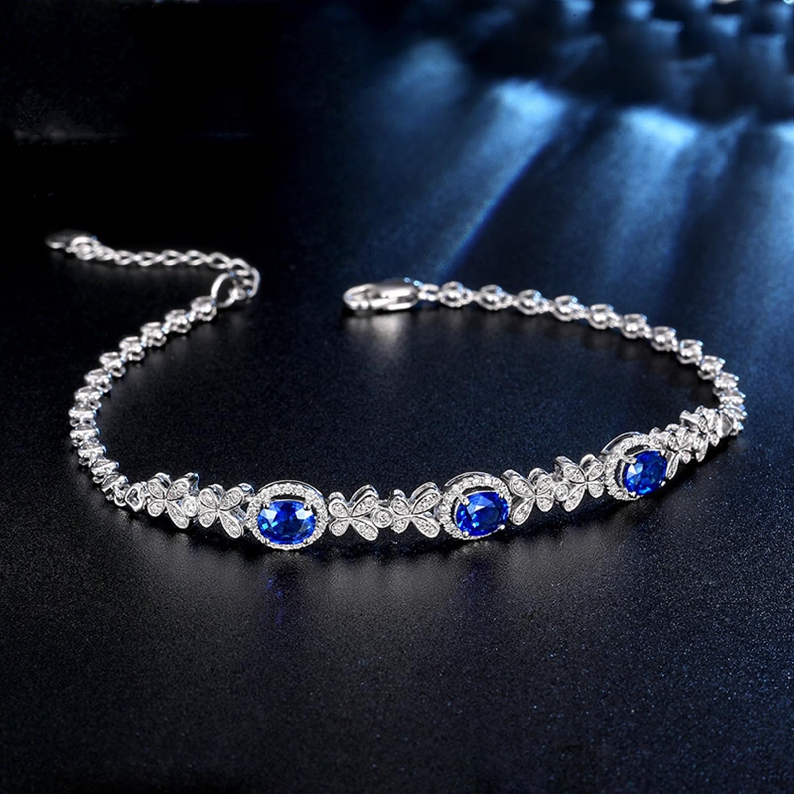 Bracciali in Oro Bianco 18k/14k/9k Vero, Bracciale con Zaffiro Sintetico 1.2ct 16-18 cm Estensione 4 cm con Moissanite, Braccialetto Donna Matrimonio