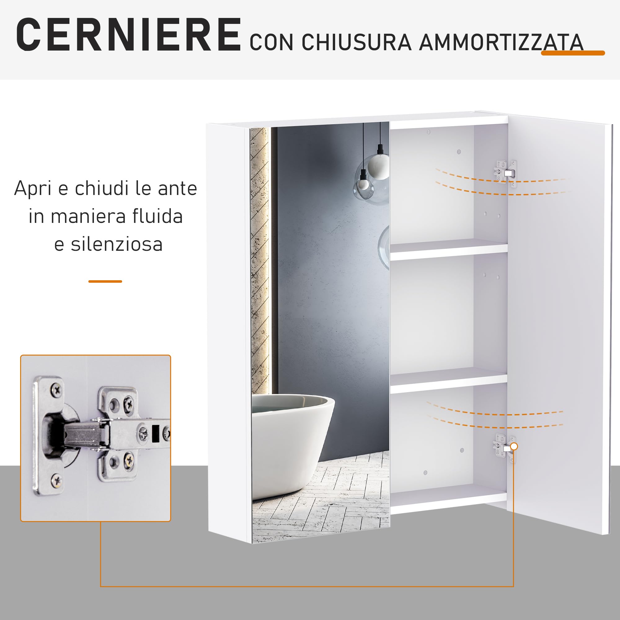 HOMCOM Armadietto Pensile da Bagno Due Ante con Specchiera e 2 Ripiani Interni, Mobiletto Bagno con Specchio e Soft Close in MDF, 60x15x75 cm, Bianco