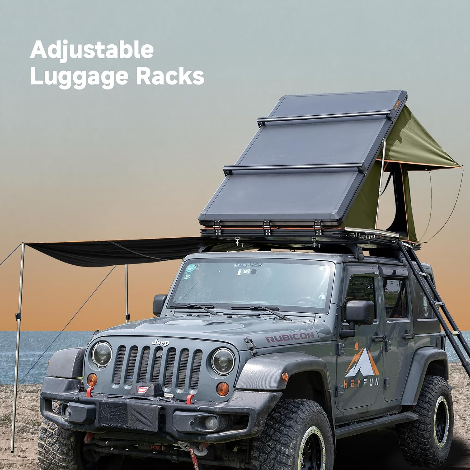 Adventurer Pro Rooftop Tent Hard Shell with USB Outlet, Side Awning, Replaceable Rain Fly&Luggage Racks for 4 Season Camping, Aluminum Pop Up 2-3 Person Roof Top Tent for Truck Jeep SUV Van Trailer
