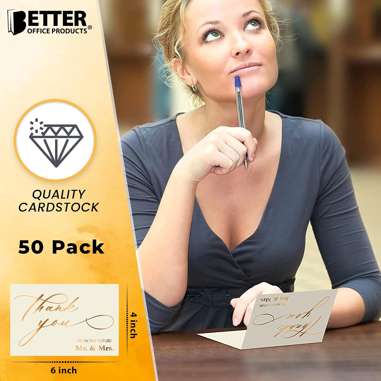 Better Office Products 50 Pack Wedding Engagement Thank You Cards in Metallic Gold with Envelopes, 4 x 6 Inch, Wedding Shower Thank You From The Future Mr and Mrs, Blank Cards, 50 Count Boxed Set