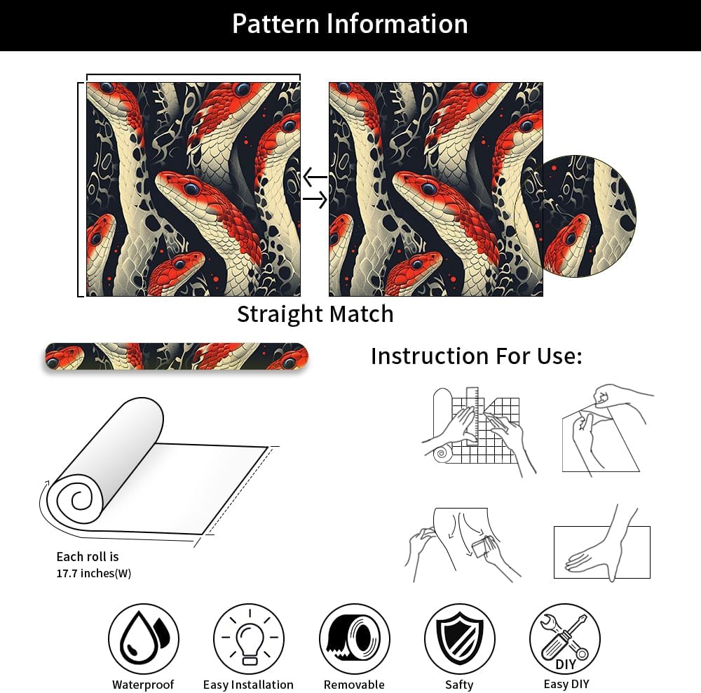 18"x236" Gothic Black Red Snake Peel and Stick Wallpaper Easy Peel Off Contact Paper Vintage Vinyl Self Adhesive Removable Stick on Wall Paper for Kitchen Cabinet Renter Friendly
