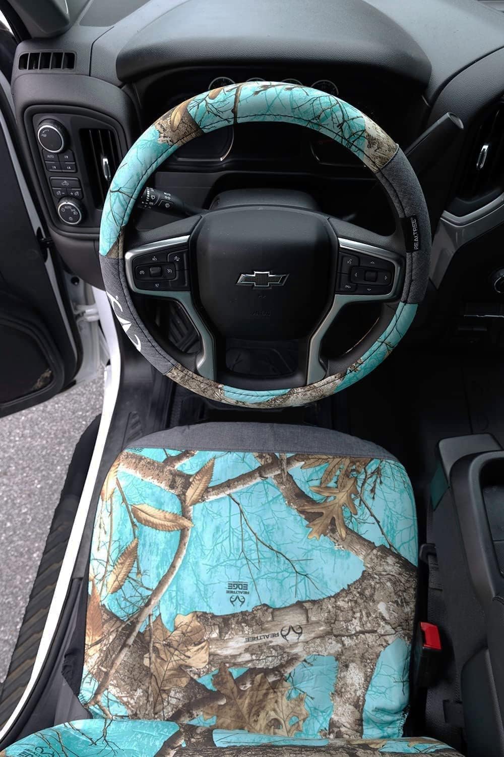 Realtree 3pc Mint Camo Water Resistant Seat Cover Set for Trucks, Cars and SUVs - 2 Low Back Seat Covers and 1 Steering Wheel Cover