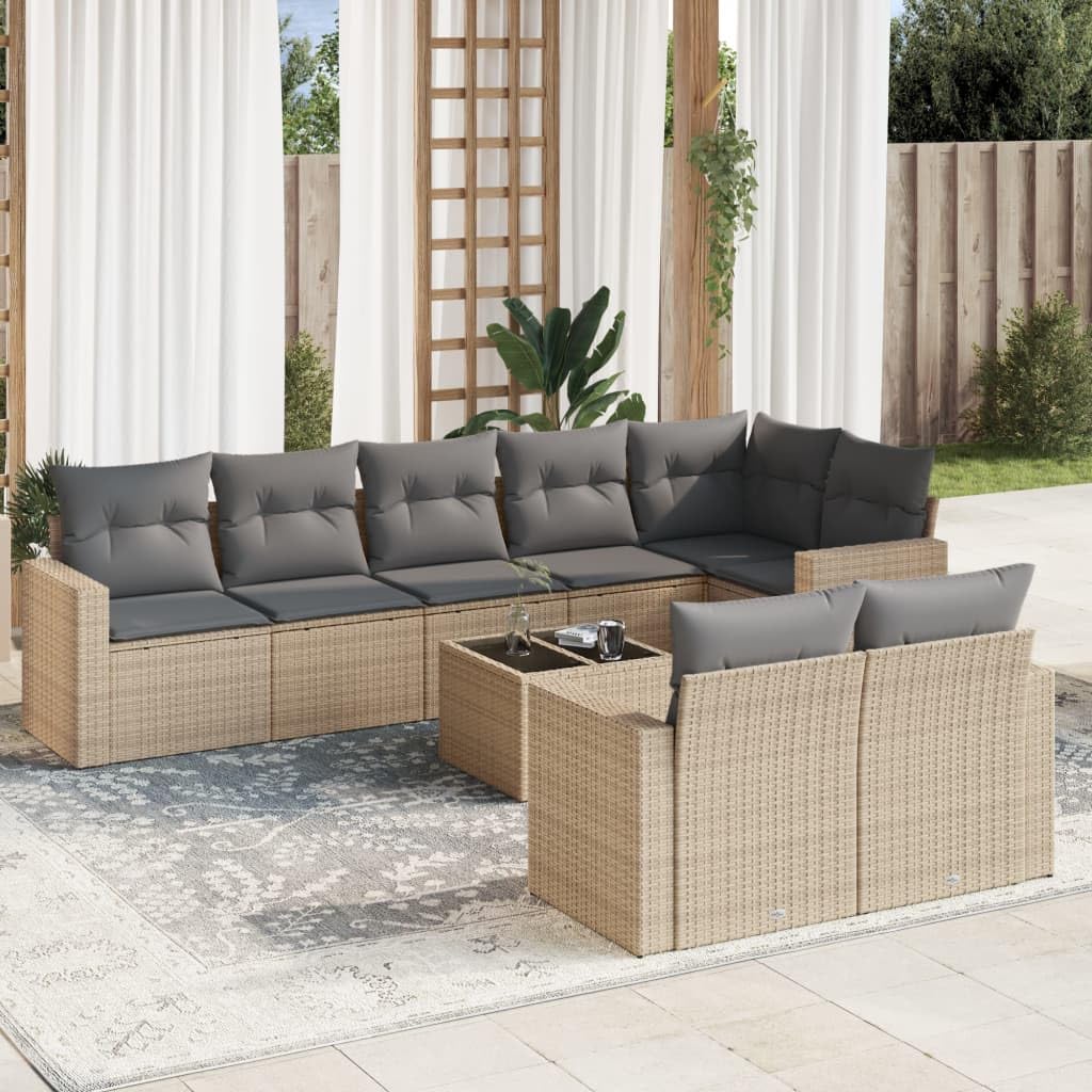Juego de sofá de jardín con cojines beige de poliratán, diseño modular con espacio de almacenamiento y bolsa impermeable, tablero de cristal templado, fundas extraíbles y lavables
