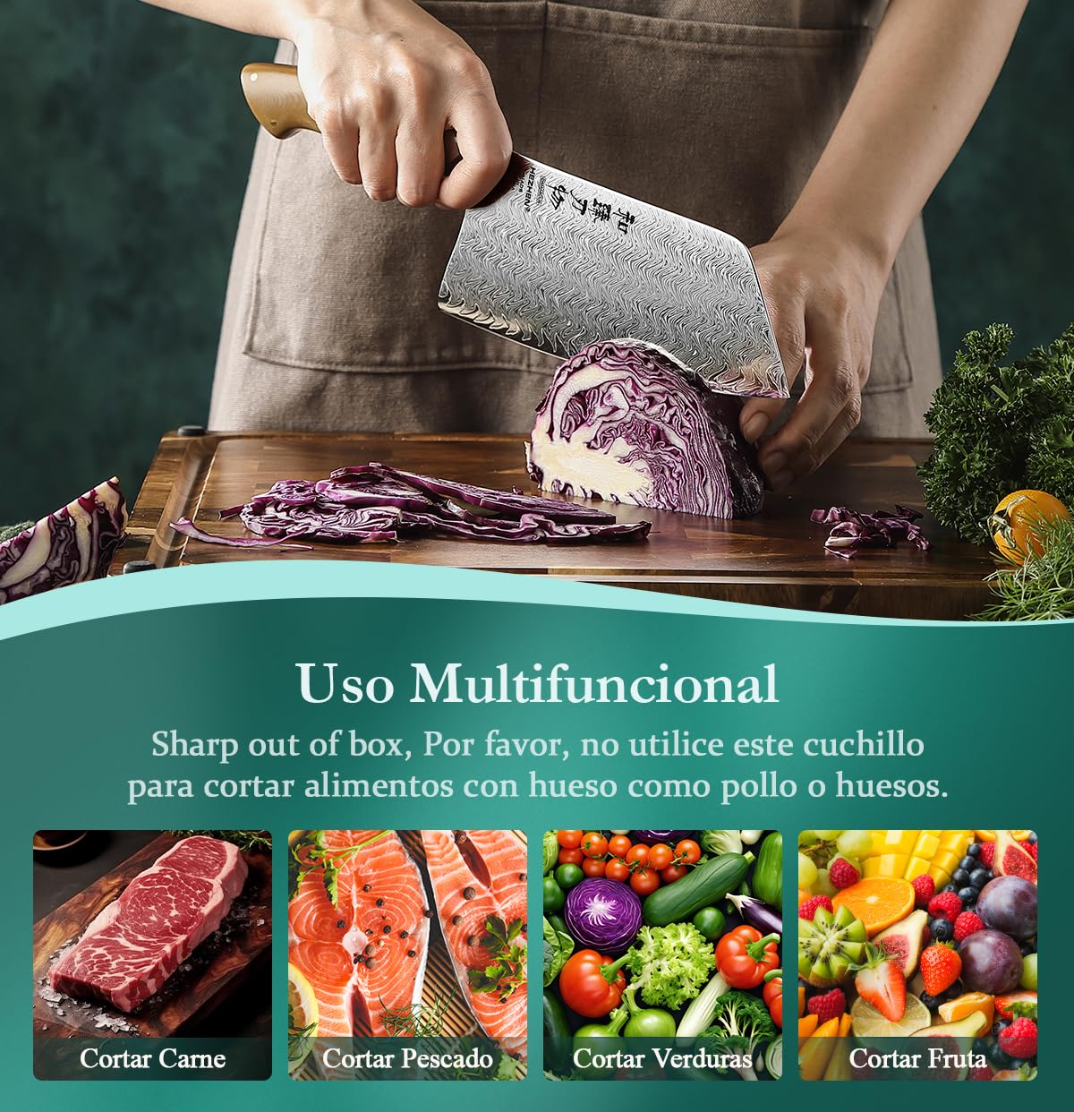 HEZHEN Damasco Hachas de Cocina Para Rebanar Carne, Multiusos Cuchillo de Chef Carnicero Chino,Cuchillos de Carne Profesional,Full Tang Mango