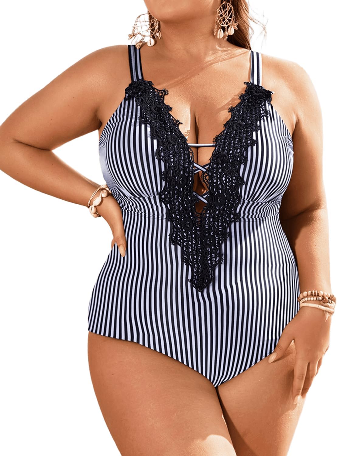 Daci Plus Size Plunge One Piece Swimsuits for Women Sexy Bathing Suits Lace Up Swimwear