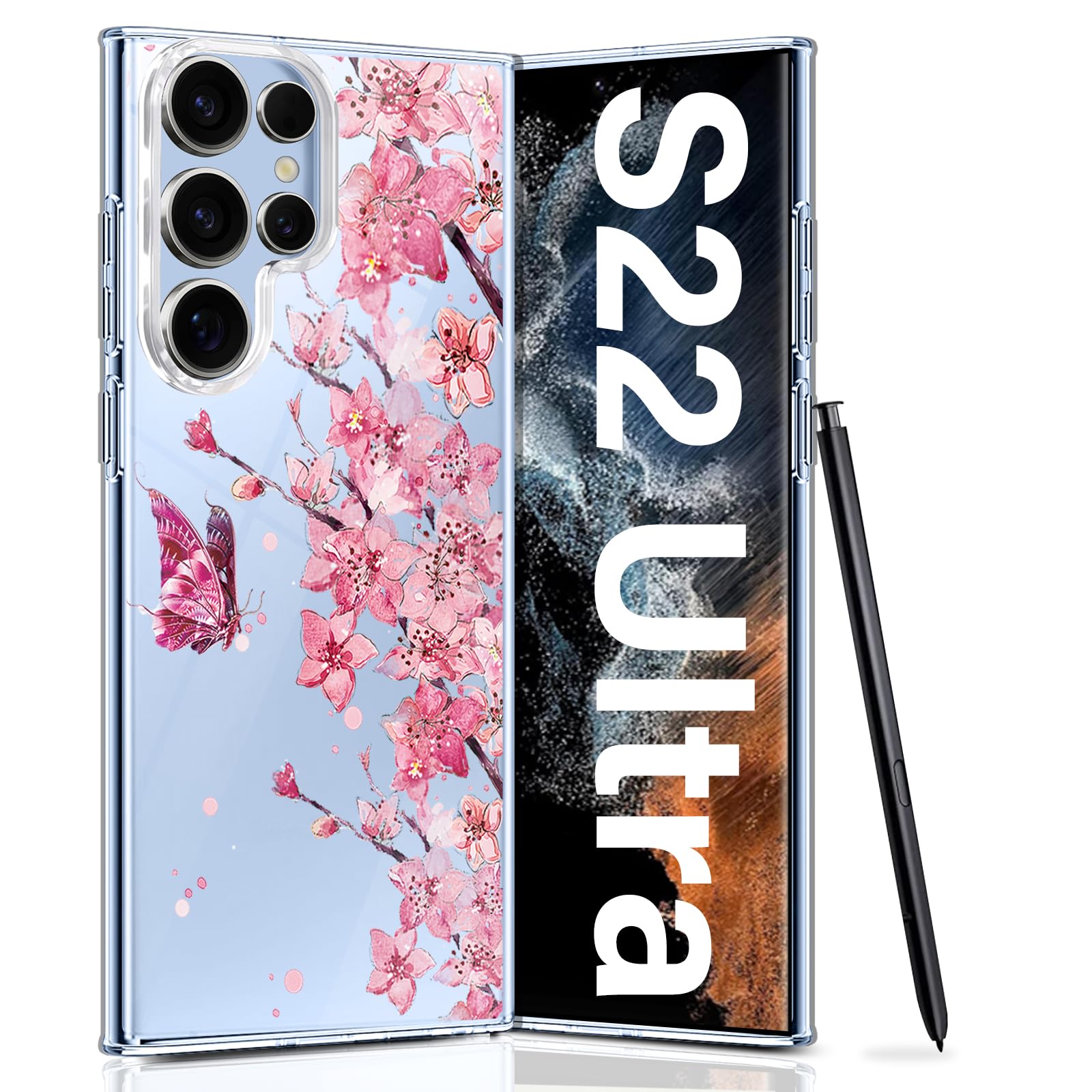 Handyhülle für Samsung Galaxy S22 Ultra Hülle Blumen Transparent, Ultra Dünn Clear Silikon Muster 5G Handy Tasche Case, Kirschblüten Bunt Motiv Pattern Durchsichtig Stoßfest Schutzhülle (A)