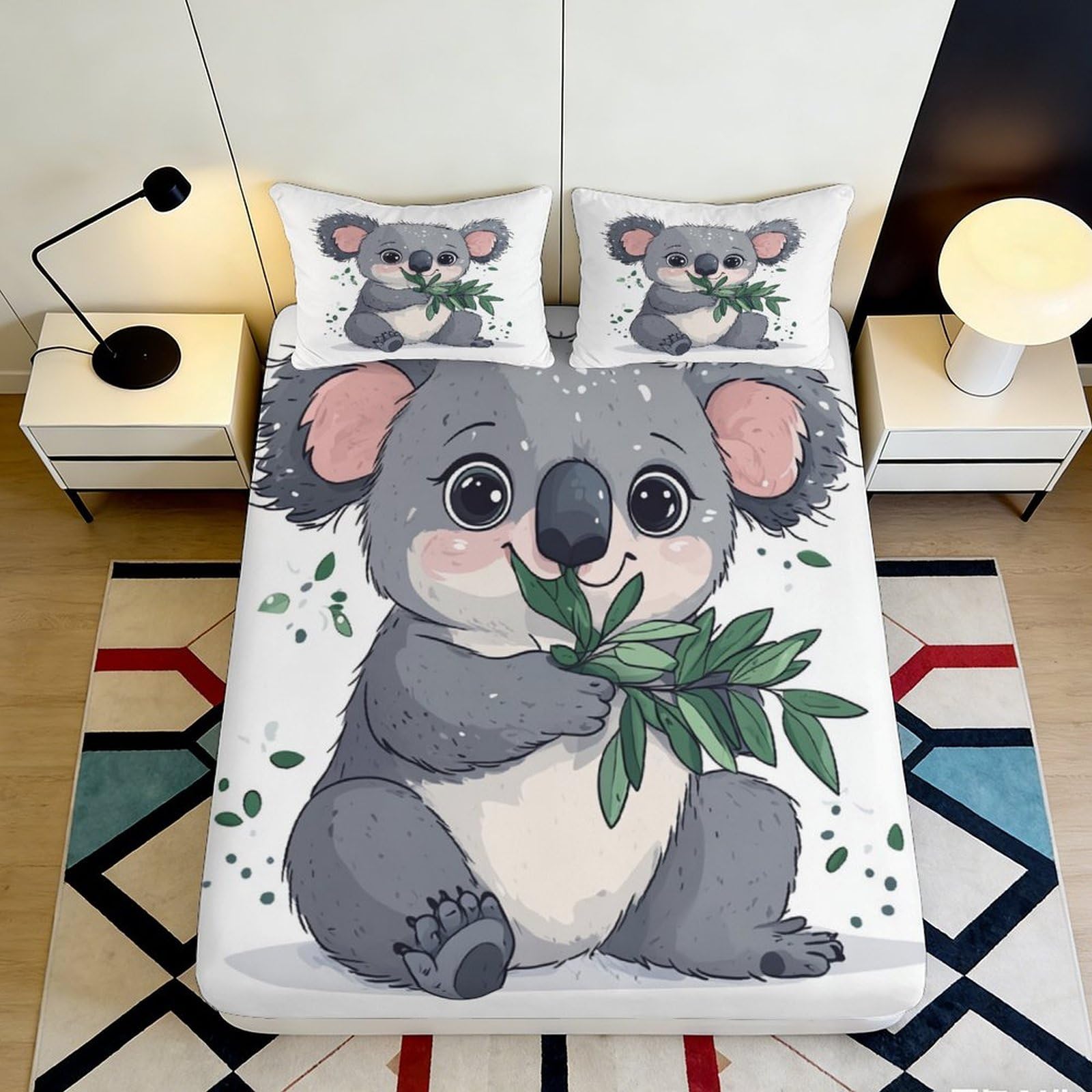 3D Printed Cute Koala Fitted Sheet Microfiber Soft Non-Slip Leaf Cartoon Mattress Cover for Bedroom Dorm Easy Wash 180x200x25cm