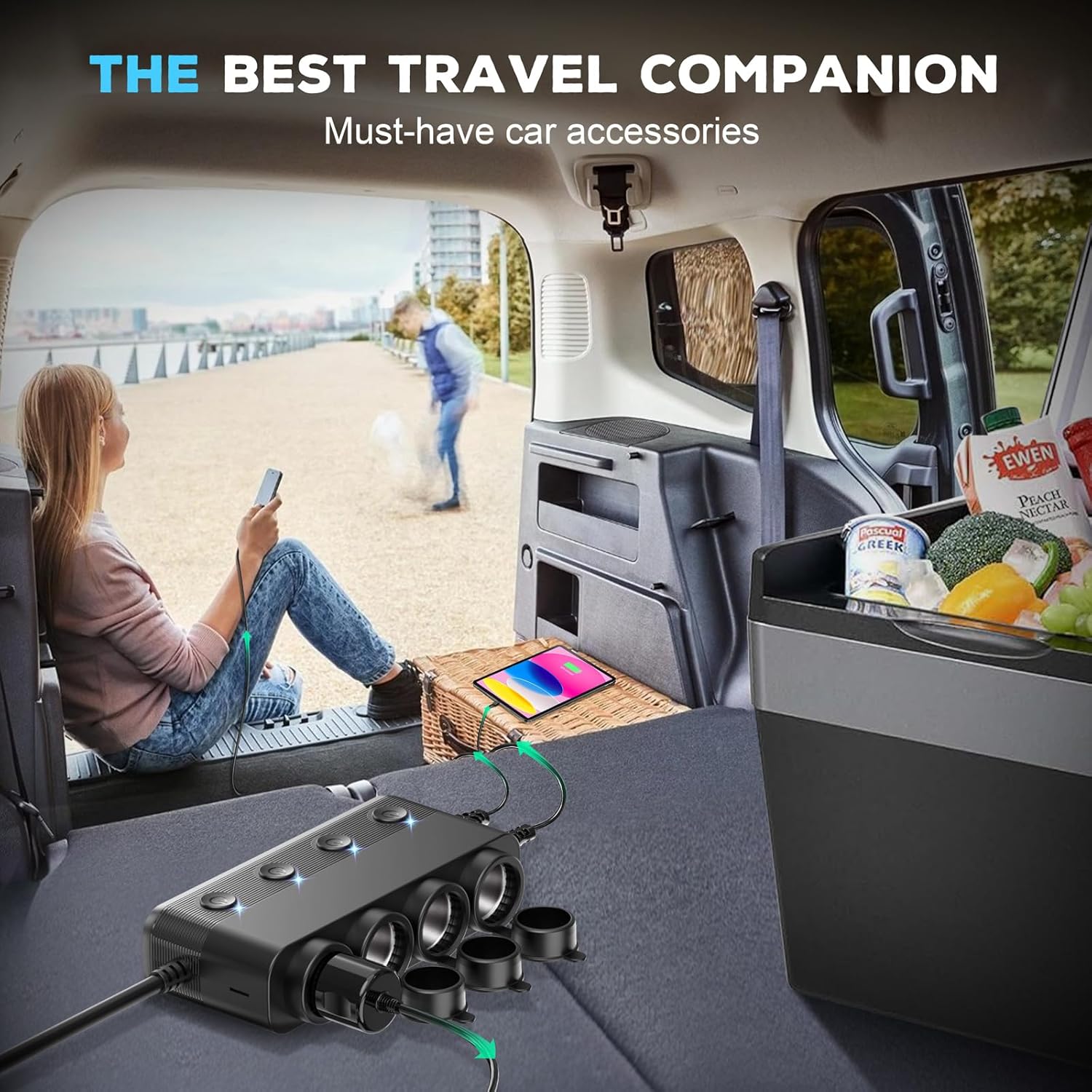 Cigarette Lighter Splitter Car Charger, 300W 4 Socket Car Plug in Outlet 12V Adapter with Dual PD 36W and QC3.0 USB C Multi Port & Independent Switch & Dust Cover & Voltmeter for All Car Devices