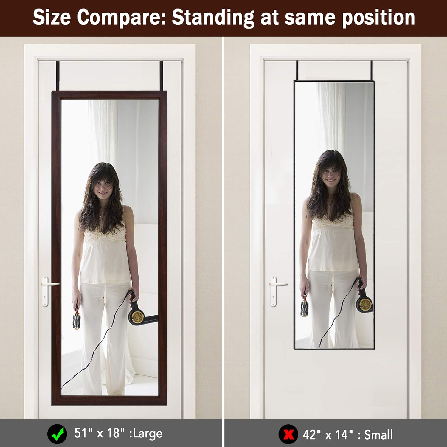 YIROCK Ardour Van BEHOME Door Mirror, Full Length Mirror, 18"x51" Over The Door Mirror Door Hanging Mirror, Wall Mirror for Home and Office - Brown